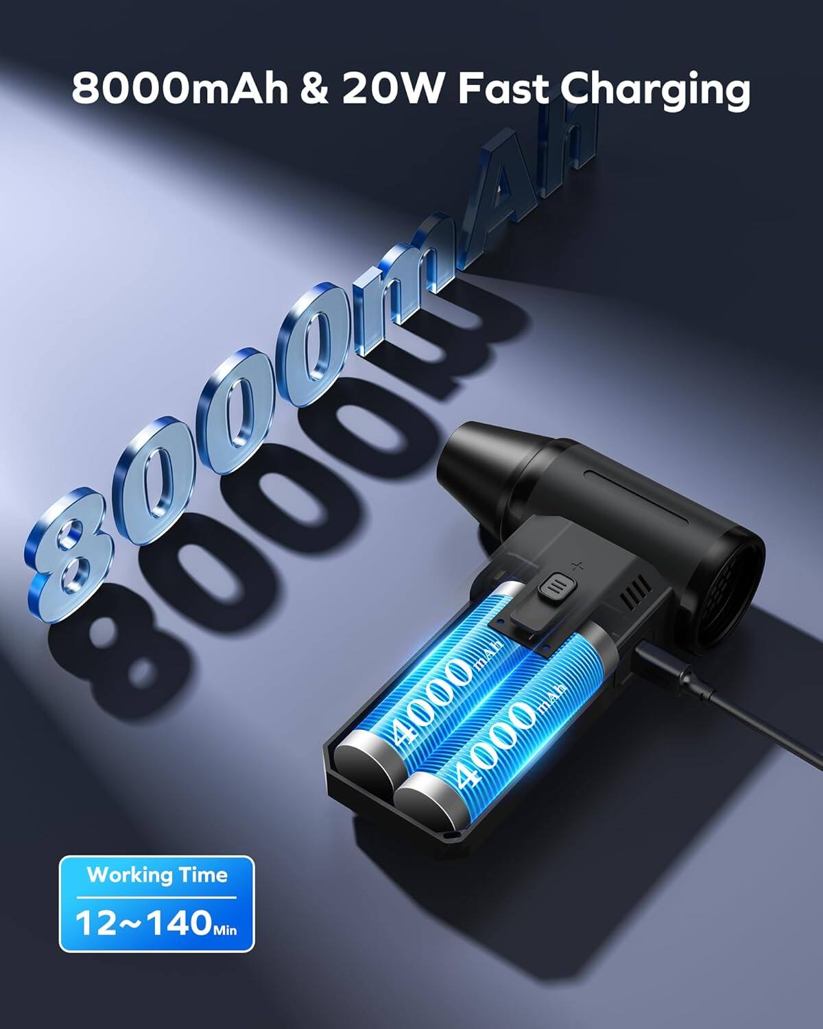 8000mAh & 20W Fast Charging  
4000 mAh  
Working Time 12~140 Min