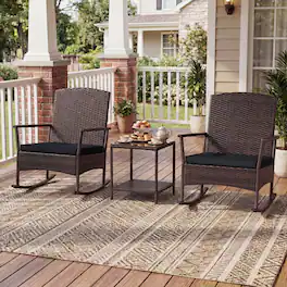 Mondawe - 3 Piece Patio Rocking Bistro Set with Cushions and 2 Tier Table for Outdoor Use - Dark Brown