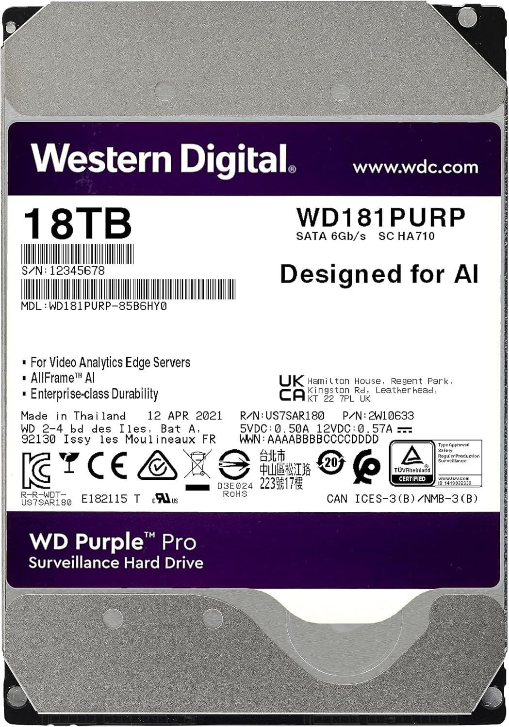 WD WD181PURP 18TB PURPLE ハードディスク Western Digital WD Purple Pro WD181PURP 18TB 7200 RPM 512MB Cache