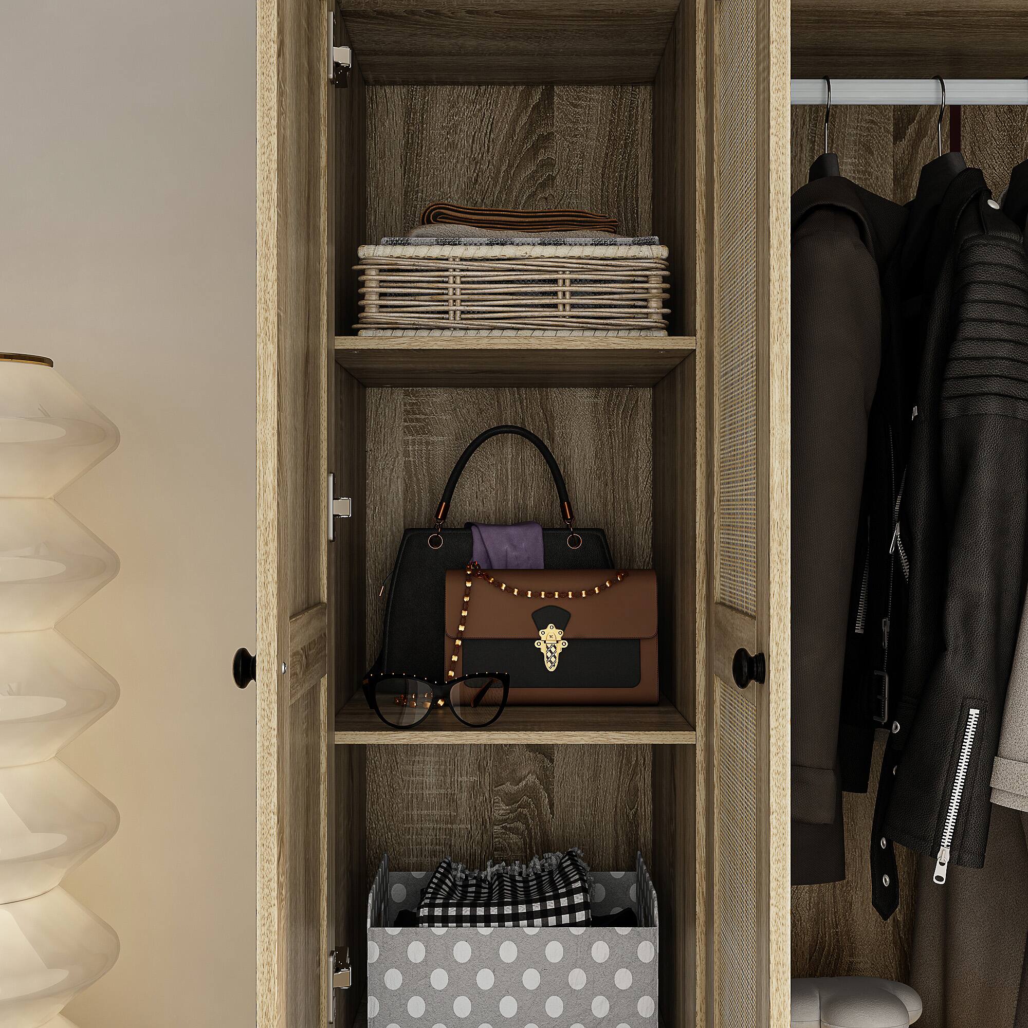 Alt View 7. Famapy - Woven Rattan Wardrobe with Large Hanging Space, Multi-Shelf Storage & Drawers for Bedroom & Closet - Wooden.