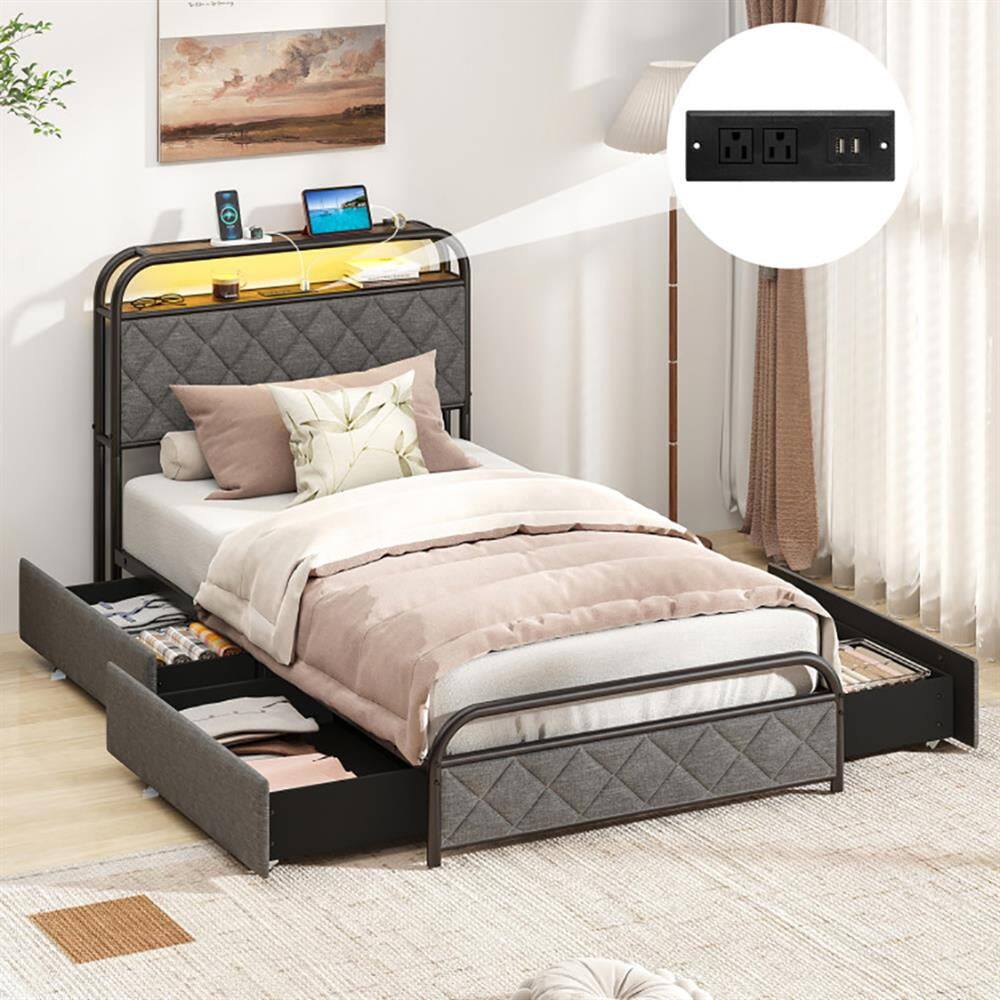 Back. Kadyn - Platform Bed Frame, Bedroom Bed Frame,Twin/Full/Queen Size Bed Frame with LED Lights and Charging Station-Twin Size - Black.