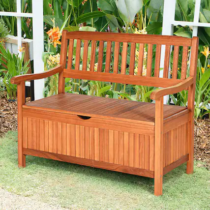 Front. Gymax - Gymax 42'' Storage Bench Deck Box Solid Wood Seating Container Tools Toys W/Backrest - Mix Brown.