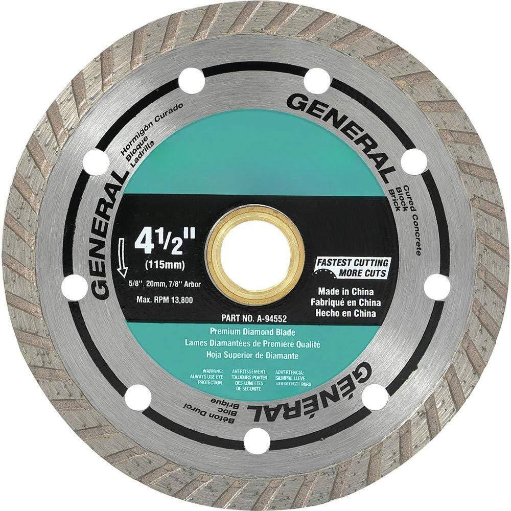 Sure, here is the corrected and grouped text from the image:

---

**GENERAL**

**41/2"**  
(115mm)  
5/8" 20mm, 7/8" Arbor  
Max. RPM 13,800

**PART NO. A-94552**

**Premium Diamond Blade**  
Lames Diamantées de Première Qualité  
Hoja Superior de Diamante

**FASTEST CUTTING**  
MORE CUTS

**Made in China**  
Fabriqué en Chine  
Hecho en China

**WARNING:**  
ALWAYS USE EYE PROTECTION  
ADVERTENCIA:  
ALWAYS USE EYE PROTECTION  
AVERTISSEMENT:  
ALWAYS USE EYE PROTECTION

**GENERAL**

**Cured Concrete**  
Curado Hormigón  
Cured Concrete  
Cured Concrete

**Brick Block**  
Ladrillo  
Brick Block  
Brick Block

**GENERAL**

**Cured Concrete**  
Curado Hormigón  
Cured Concrete  
Cured Concrete

**Brick Block**  
Ladrillo  
Brick Block  
Brick Block

**GENERAL**

**Cured Concrete
