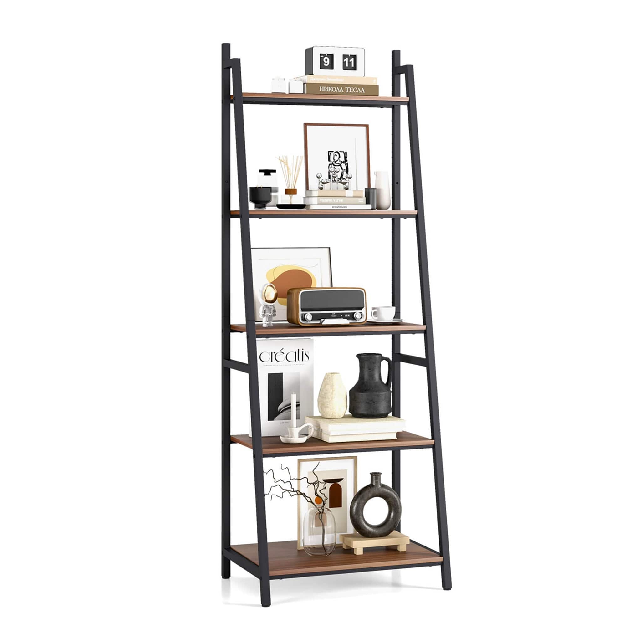 Costway - Industrial Ladder Shelf Rustic 5 Tier Leaning Bookshelf Wood Metal Bookcase - Brown