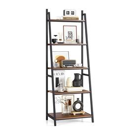 Costway - Industrial Ladder Shelf Rustic 5 Tier Leaning Bookshelf Wood Metal Bookcase - Brown