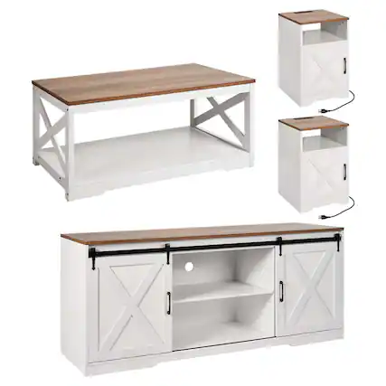 Front. VEVOR - 4 Pieces Farmhouse Coffee Table Sets, 40 in Coffee Table with 2 End Tables and 66 in TV Stand - White,Brown.