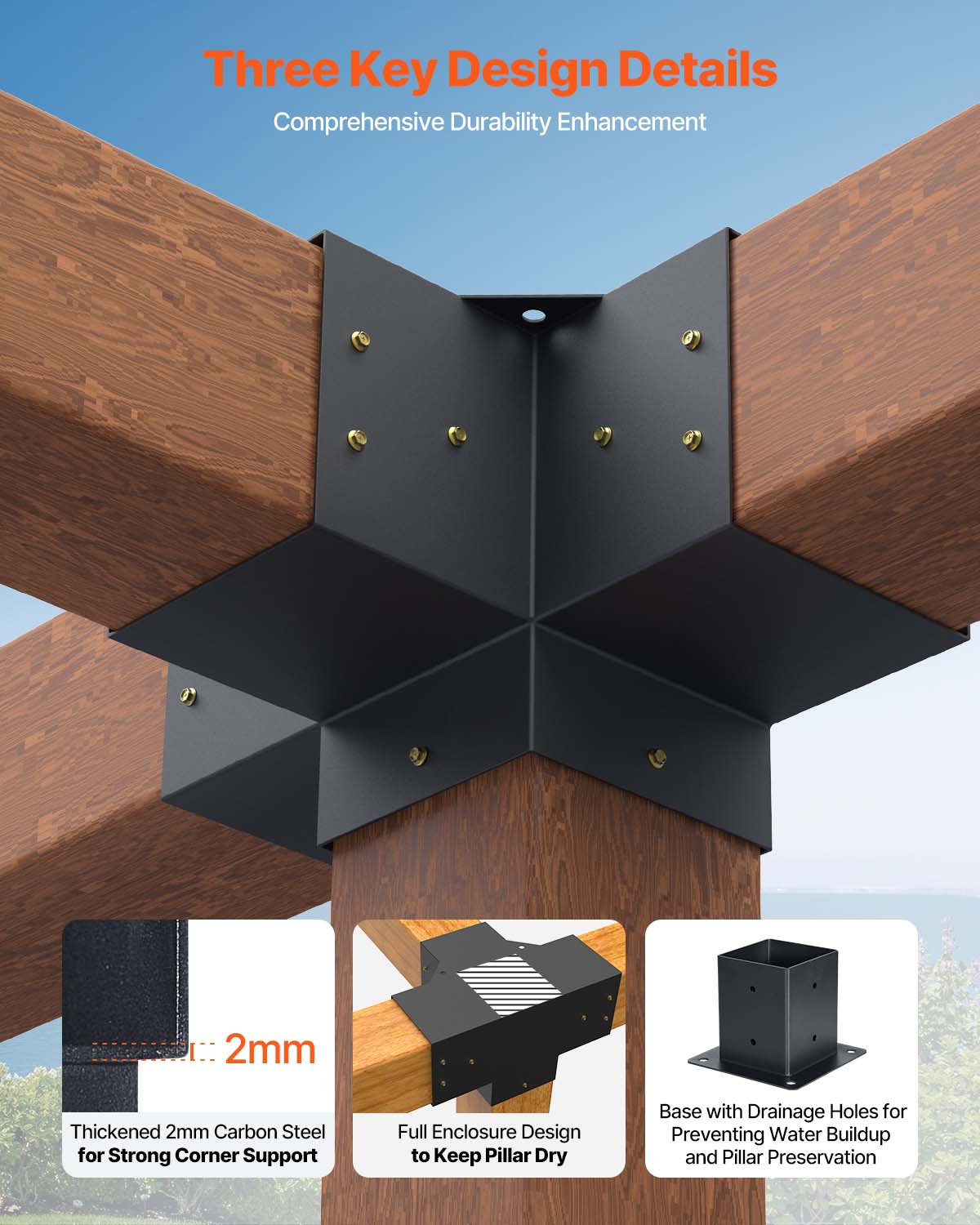 Three Key Design Details  
Comprehensive Durability Enhancement  

1. 2mm Thickened Carbon Steel for Strong Corner Support  
2. Full Enclosure Design to Keep Pillar Dry  
3. Base with Drainage Holes for Preventing Water Buildup and Pillar Preservation
