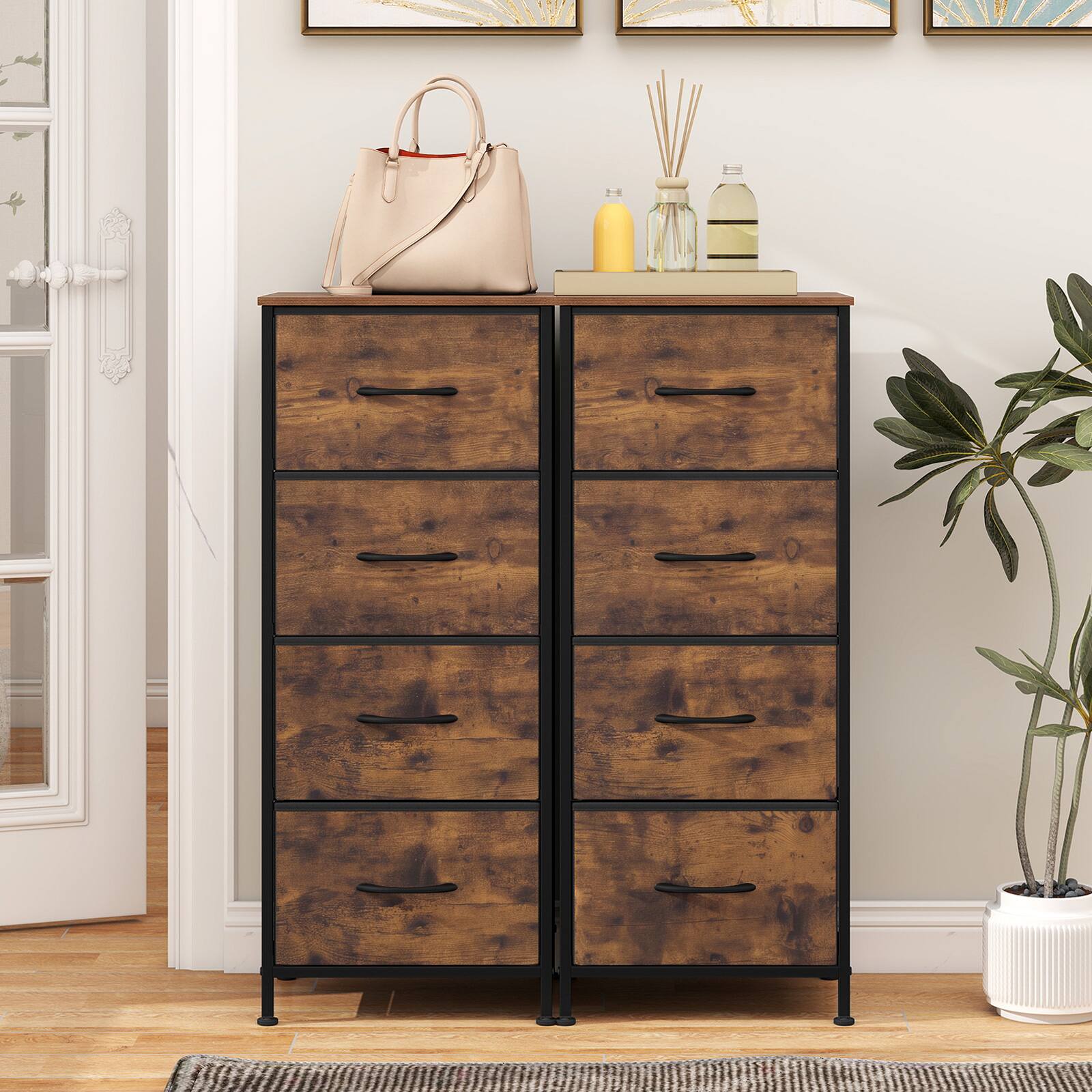 Alt View 4. Costway - Costway Dresser Nightstand with 4 Roomy Fabric Drawers Heavy-Duty Metal Frame for Dorm - Rustic Brown.