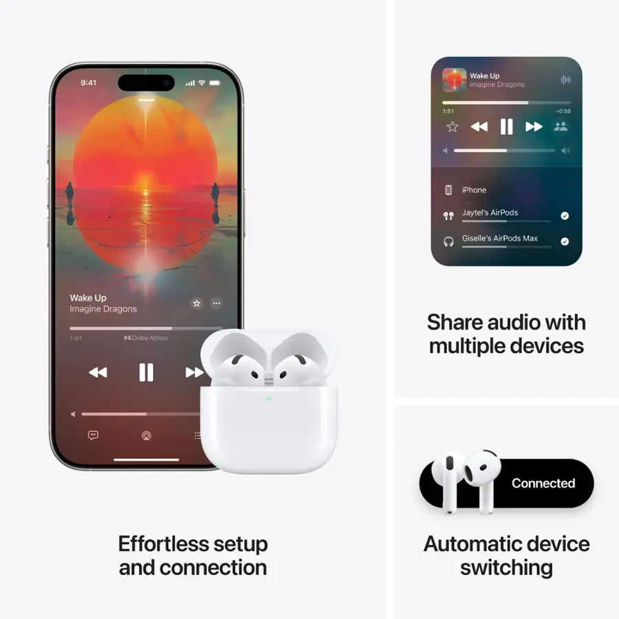 The text on the image is grouped and corrected as follows:

1. Wake Up Imagine Dragons
2. iPhone
3. Jaytel's AirPods
4. Giselle's AirPods Max
5. Share audio with multiple devices
6. Connected
7. Effortless setup and connection
8. Automatic device switching