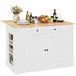 Gymax - Kitchen Island Table w/ Storage Cabinet and Drop Leaf - White