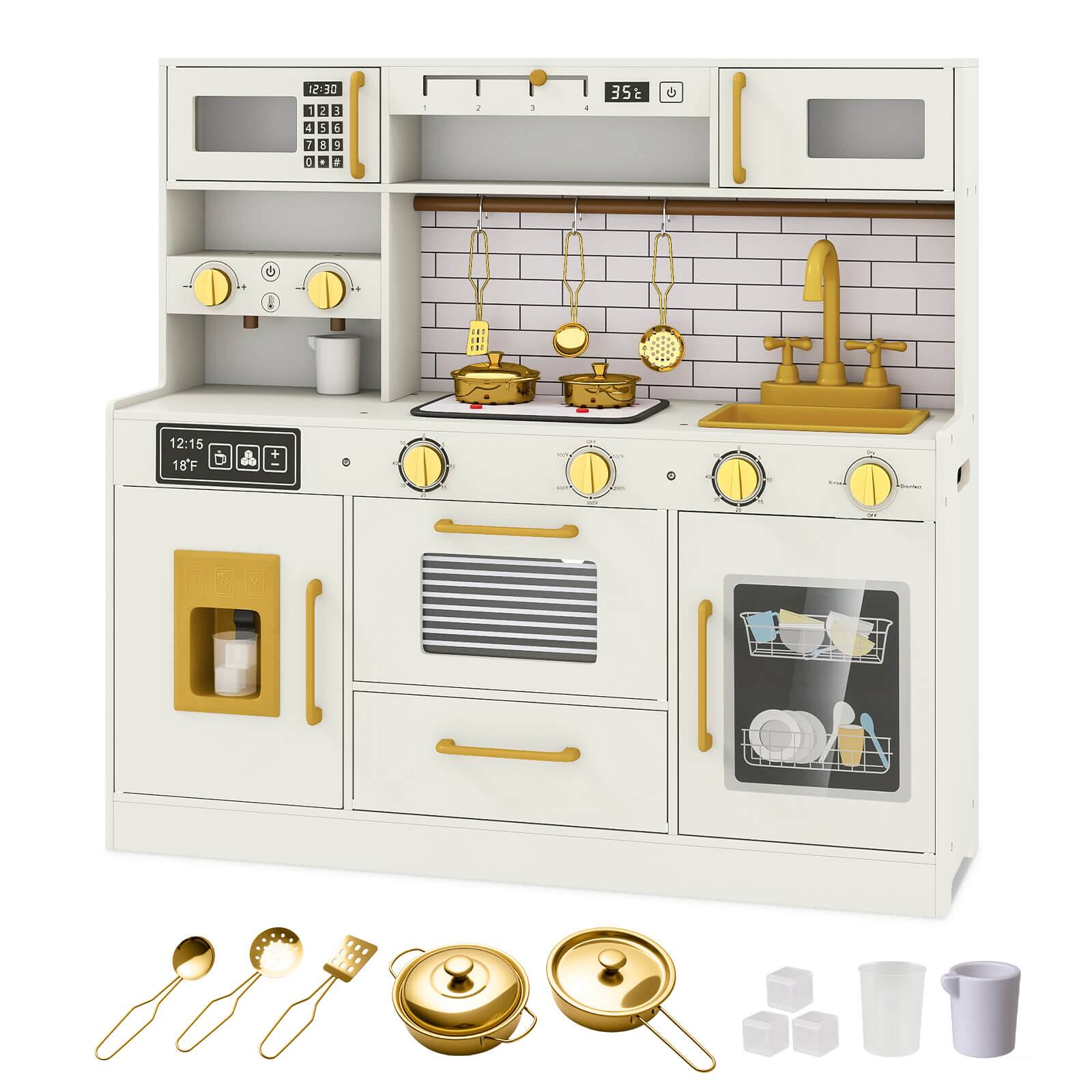 Costway - Kids Play Kitchen with Stoves, Light, Sound, Faucet, Sink, Ice Dispenser, Microwave - Beige