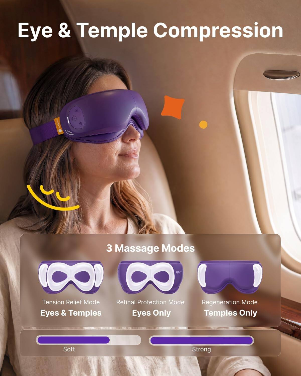 Eye & Temple Compression

3 Massage Modes

- Tension Relief Mode
  - Eyes & Temples

- Retinal Protection Mode
  - Eyes Only

- Regeneration Mode
  - Temples Only

Soft Strong