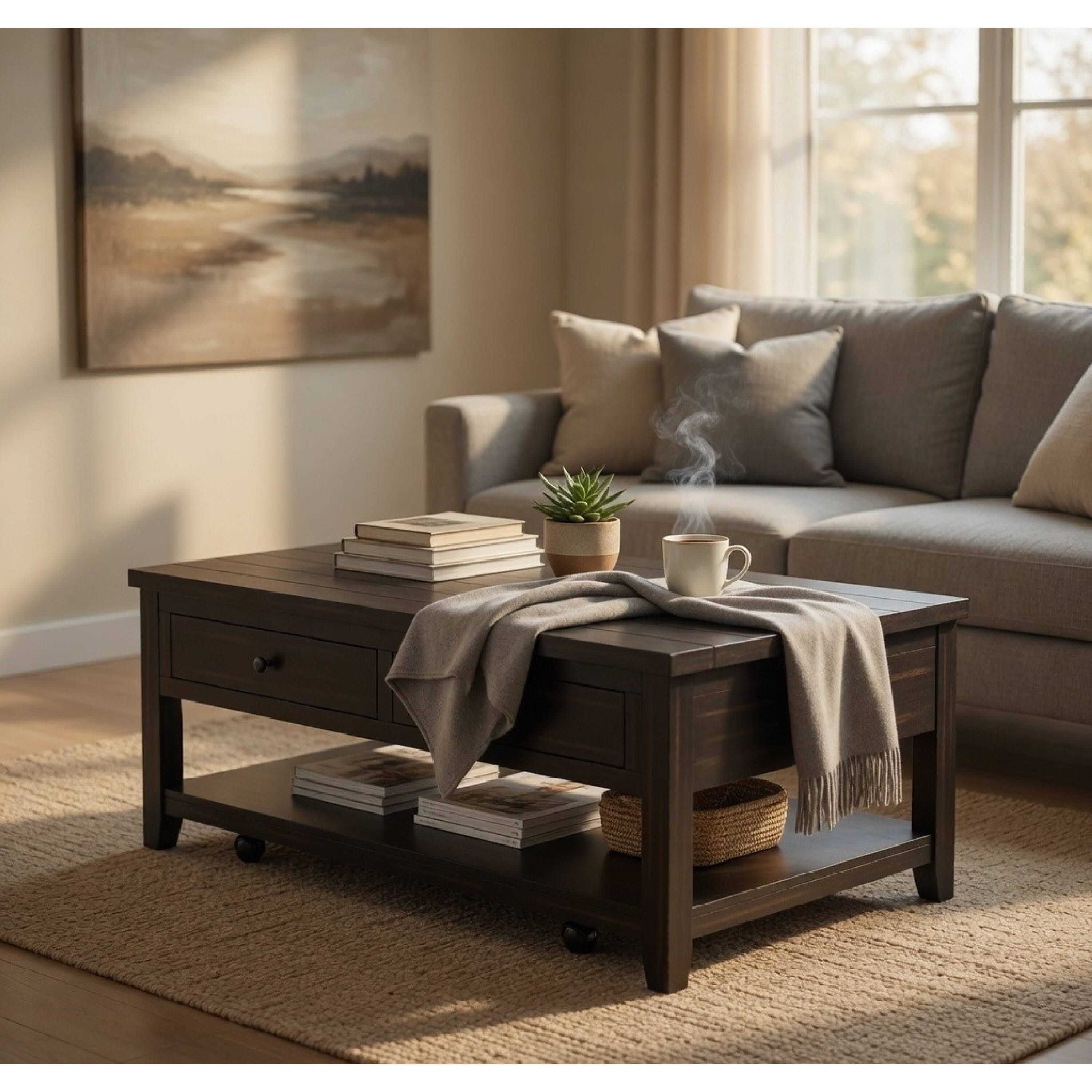 Alt View 4. Manhattan Lane - Besy Coffee Table, 36 Inch  Faux Marble,  Ring Base - Distressed Java Black.