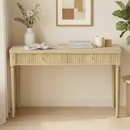 Bestier - 55" Computer Desk with 2 Drawers, Modern Home Office Desk, Fluted Writing Desk with Solid Wood Legs for Bedroom & Study - Natual Oak