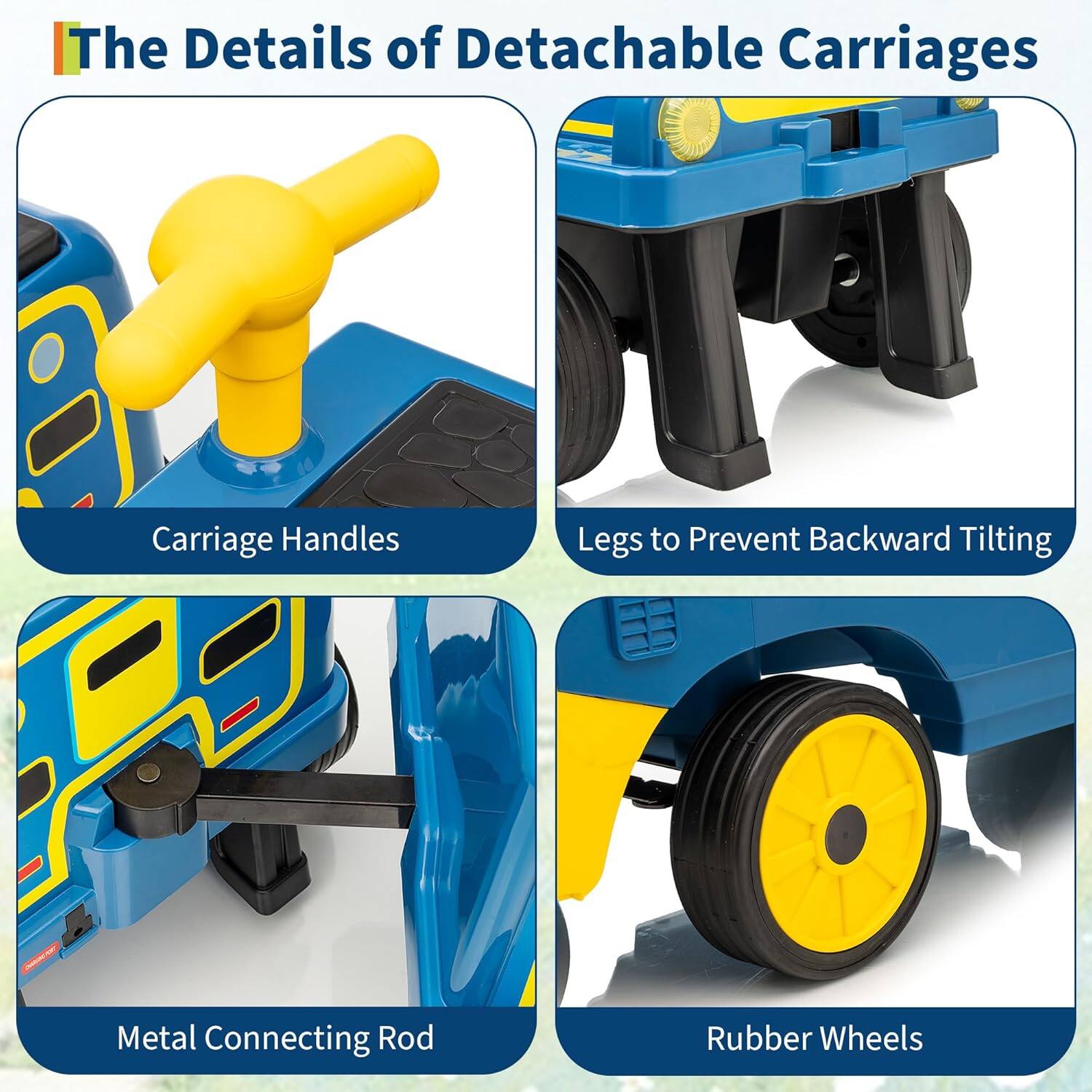 The Details of Detachable Carriages

- Carriage Handles
- Legs to Prevent Backward Tilt
- Metal Connecting Rod
- Rubber Wheels