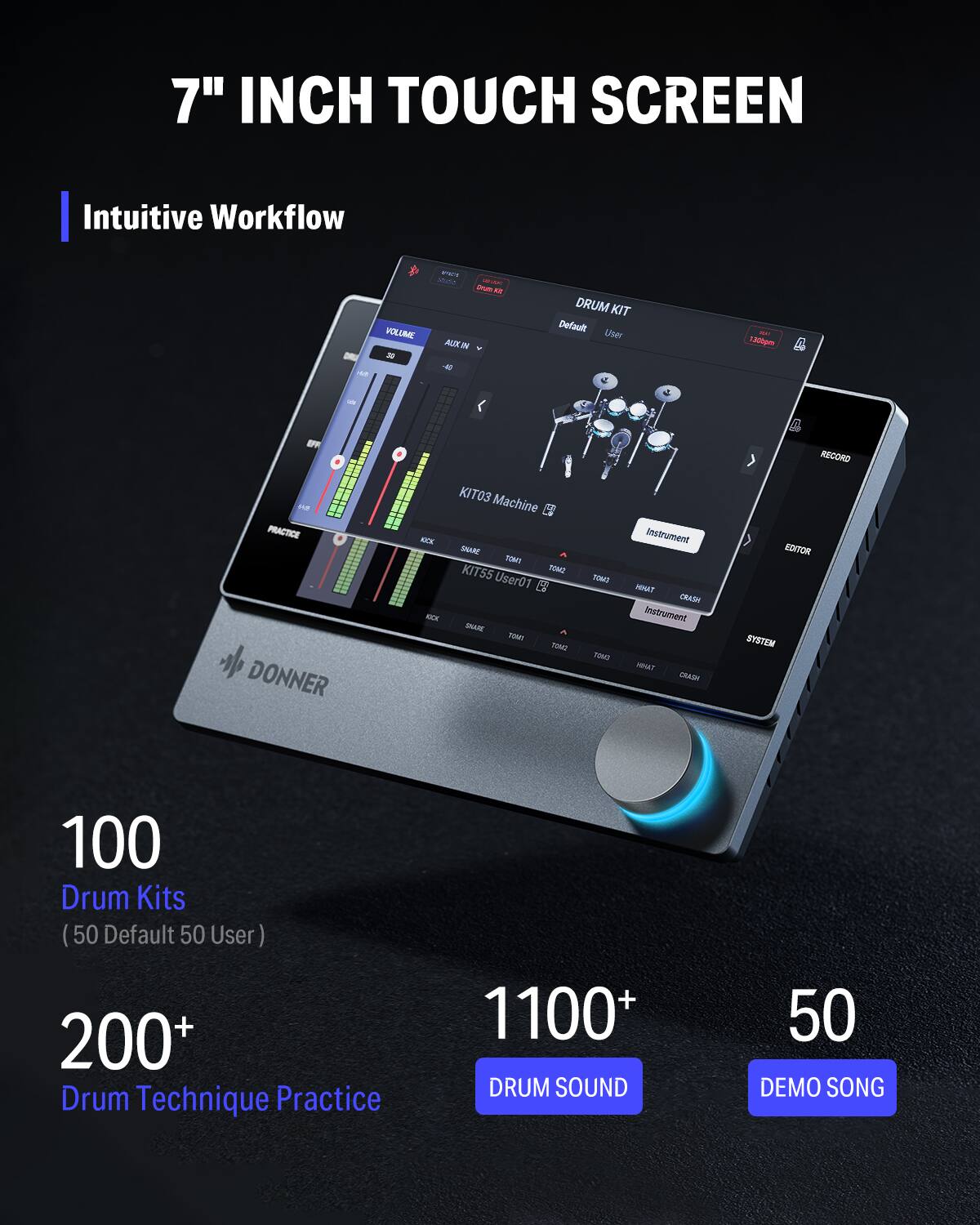 7" INCH TOUCH SCREEN

Intuitive Workflow

100 Drum Kits (50 Default 50 User)

200+ Drum Technique Practice

1100+ DRUM SOUND

50 DEMO SONG
