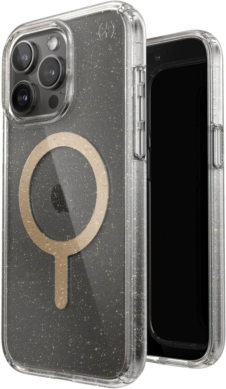 Angle. Speck - Speck Presidio Lux with Gold MagSafe Glitter Case - iPhone 16 Pro Max - Clear/Gold Glitter.