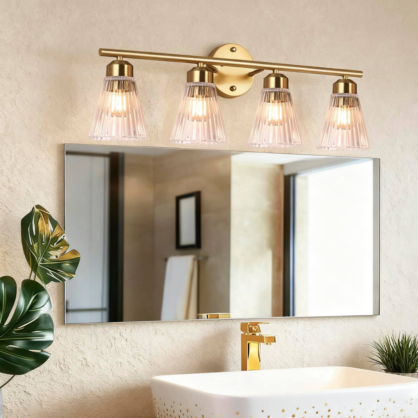 Front. Earthley Blooms - Bathroom Vanity Light Painted Fixtures Over Mirror With Stripe Glass Modern Wall Lamp Sconces Lighting For - Brushed Gold.