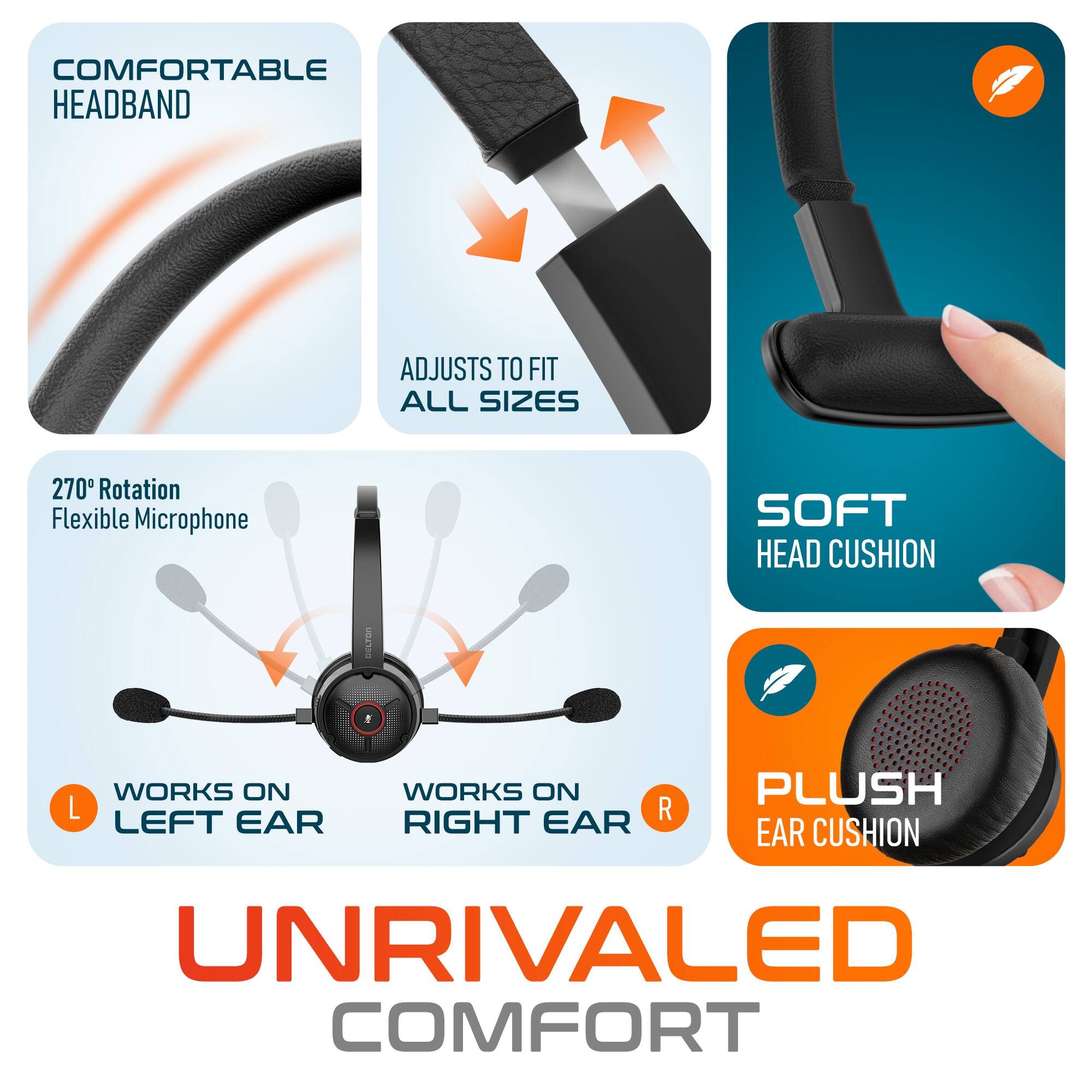 COMFORTABLE HEADBAND ADJUSTS TO FIT ALL SIZES 270 Rotation Flexible Microphone SOFT HEAD CUSHION WORKS ON L LEFT EAR WORKS ON R RIGHT EAR PLUSH EAR CUSHION UNRIVALED COMFORT