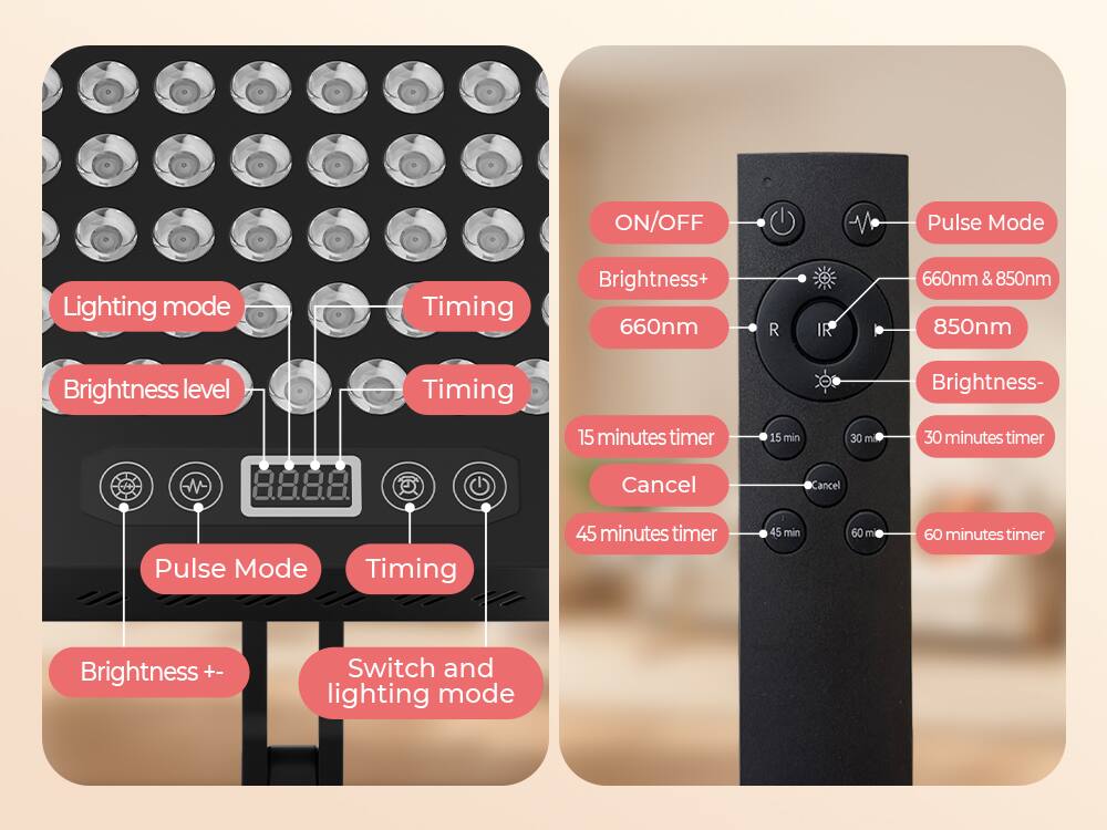 ON/OFF  
Pulse Mode  
Lighting mode  
Timing  
Brightness+  
660nm  
R  
IR  
660nm & 850nm  
850nm  
Brightness level  
Timing  
Brightness-  
W  
8888  
R  
Pulse Mode  
Timing  
15 minutes timer  
Cancel  
45 minutes timer  
15 min  
45 min  
30 minutes timer  
60 minutes timer  
Brightness +-  
Switch and lighting mode
