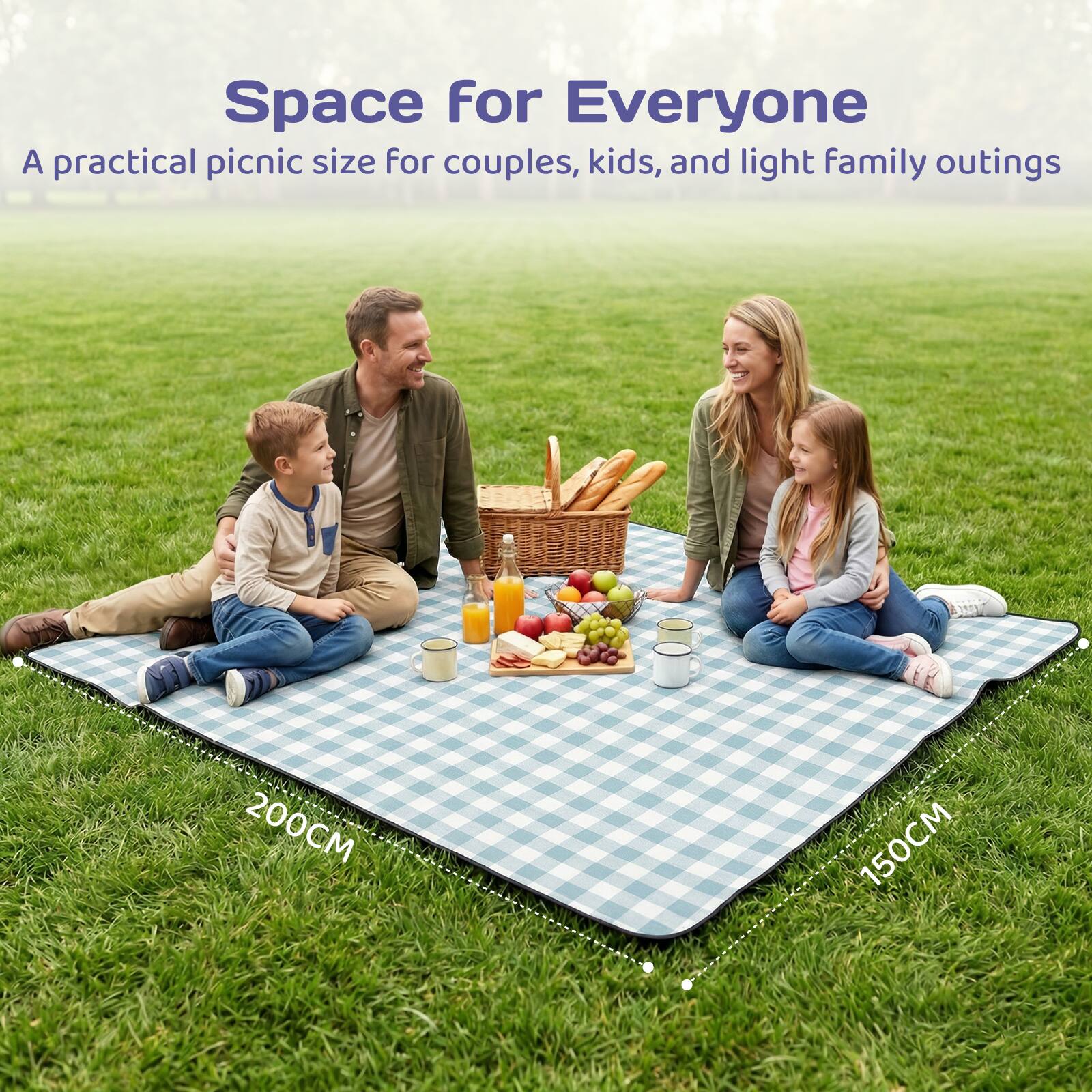 Space for Everyone  
A practical picnic size for couples, kids, and light family outings  
200CM 150CM
