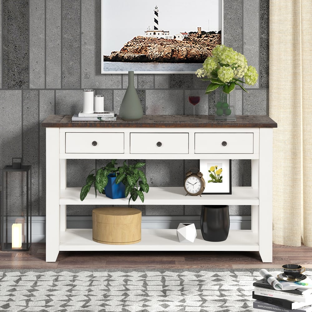 Loheer - 48 Inch Solid Pine Wood Console Table with 3 Drawers - Antique White