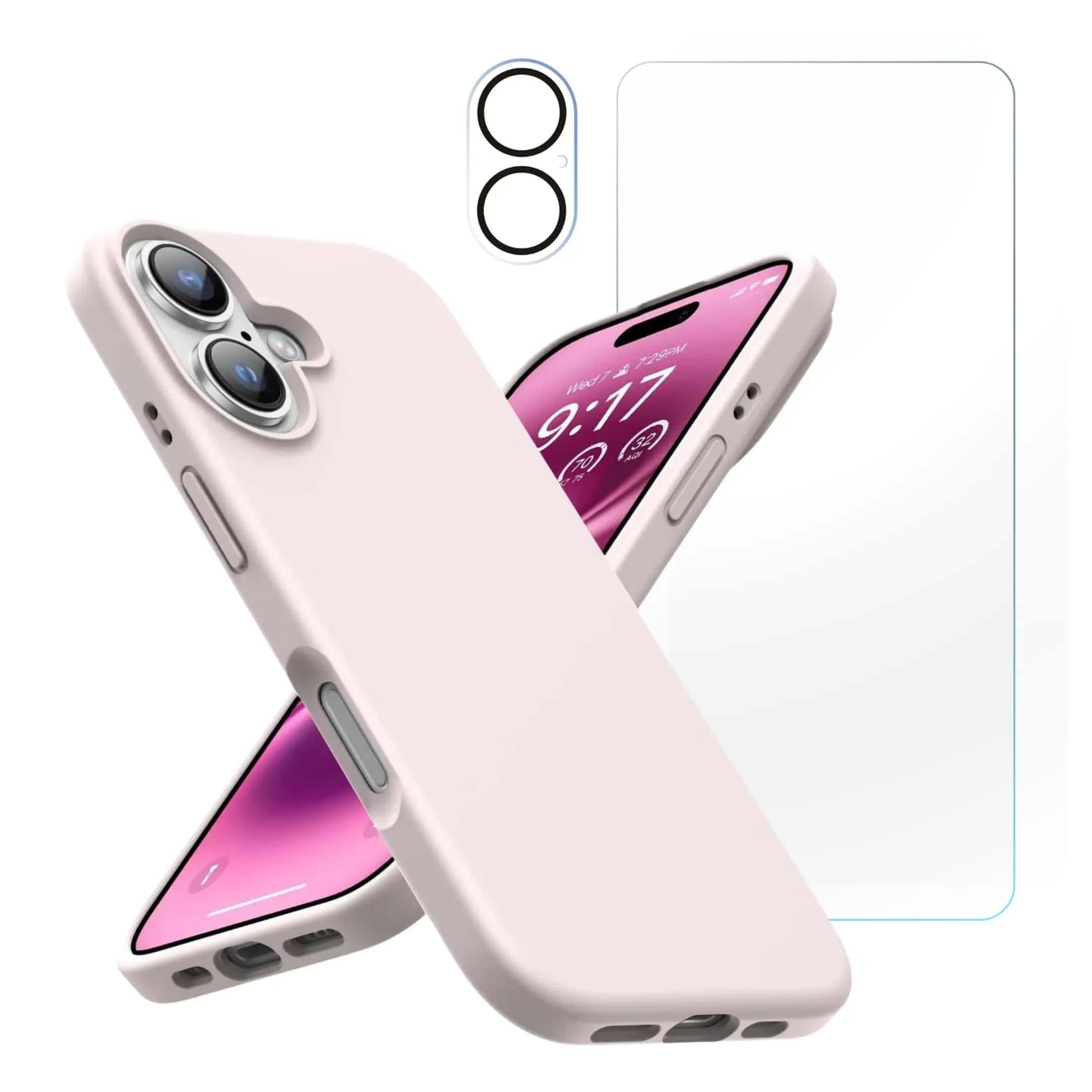 Bundle - Entronix - for iPhone 16 - Silicone Case, Screen Protector & Camera Lens Protector - Light Pink
