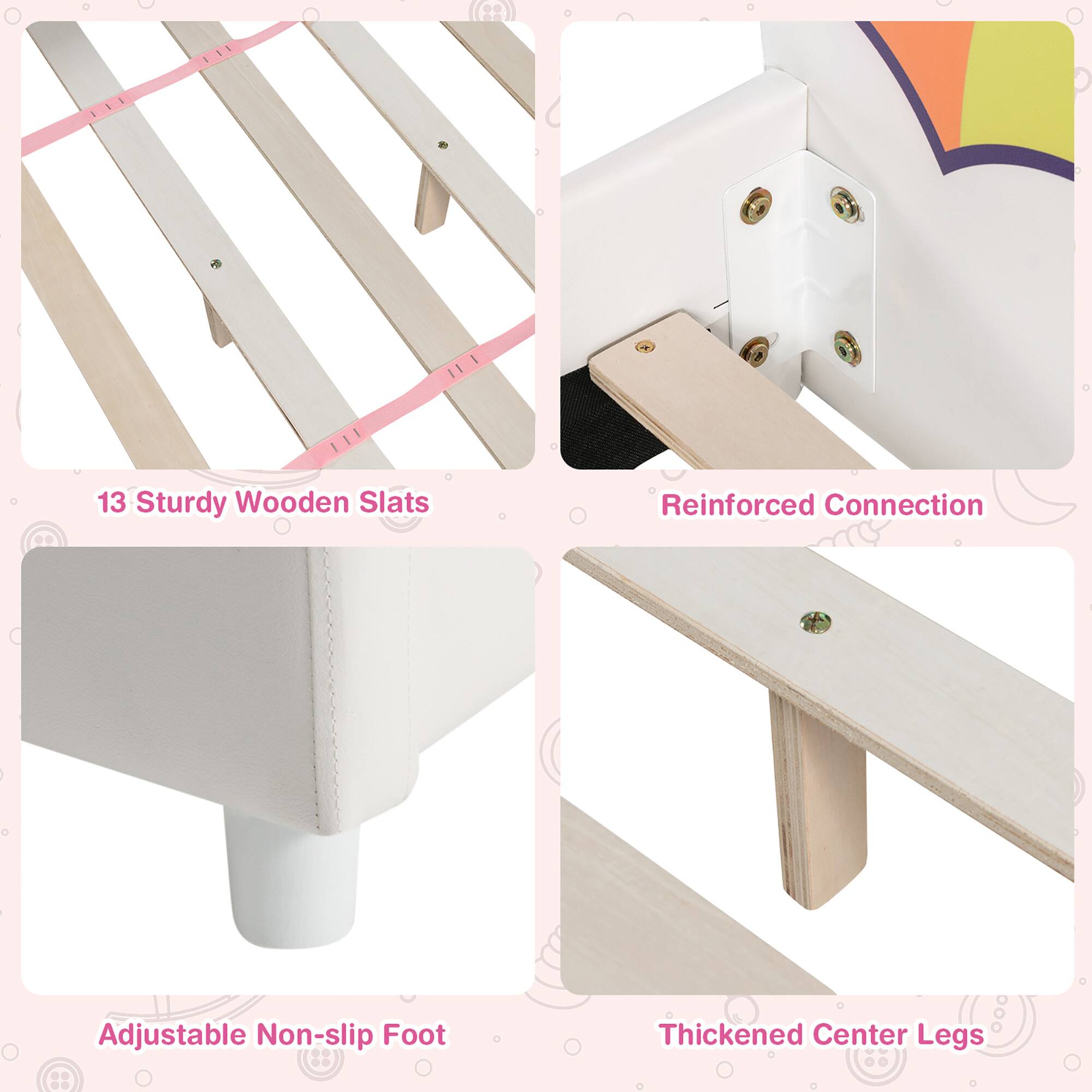 1. 13 Sturdy Wooden Slats
2. Reinforced Connection
3. Adjustable Non-slip Foot
4. Thickened Center Legs