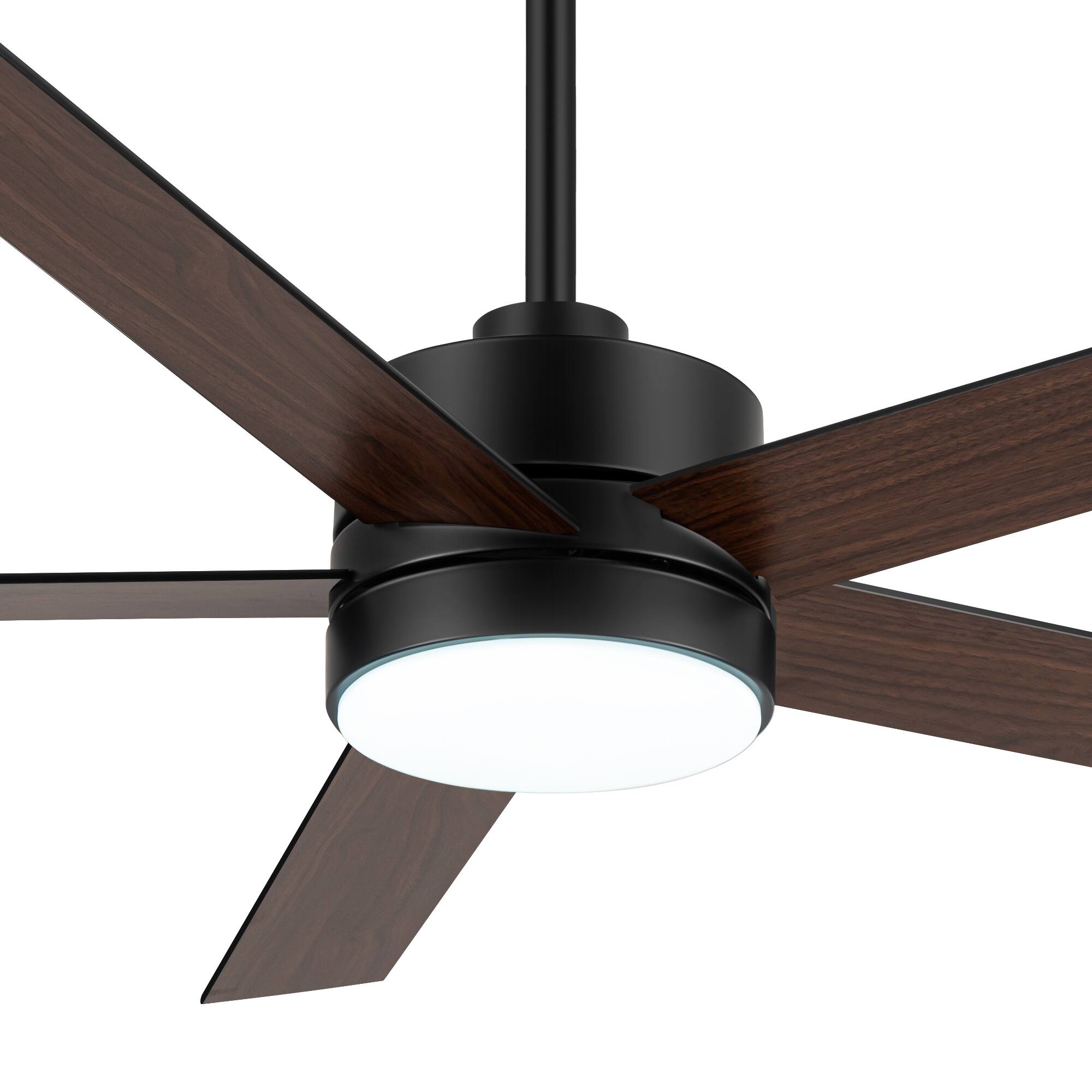 Left. Breezary - 56-in Indoor Ceiling Fan with 6-Speed Reversible DC Motor, 3-Color Light, 6''/12'' Downrods, Remote Control - Matte Black and Dark Wood Grain.