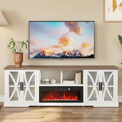 Front. Ihomeadore - 93" Farmhouse White Electric Fireplace TV Stand Entertainment Center with Storage Shelves and Cabinets for TV up to 85" - White and Gray.