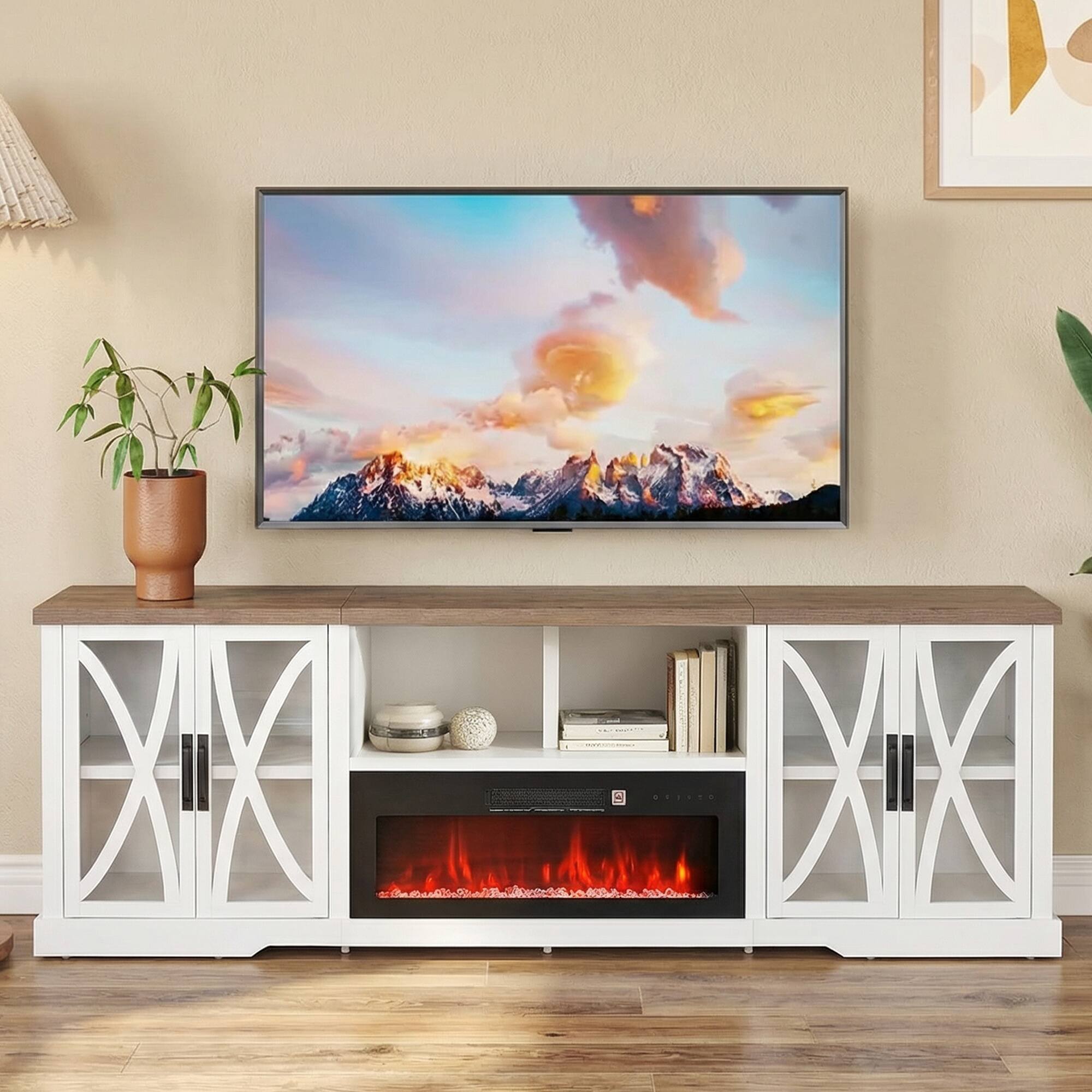 Parrot Uncle - 93" Farmhouse White Electric Fireplace TV Stand Entertainment Center with Storage Shelves and Cabinets for TV up to 85" - White and Gray