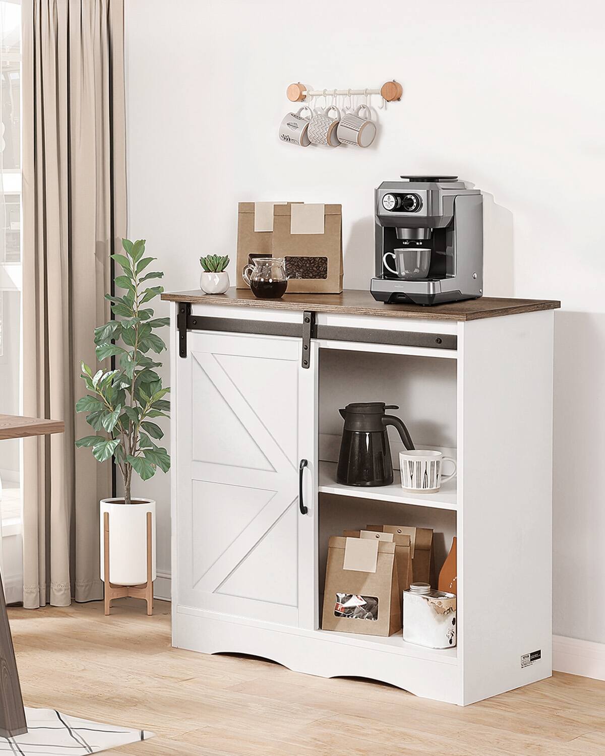 Angle. VEVOR - Coffee Bar Cabinet, 31.5 x 13.8 x 31.5 in Farmhouse Coffee Bar Cabinet with 3-Tier Storage, Coffee Bar Table - Brown + White.