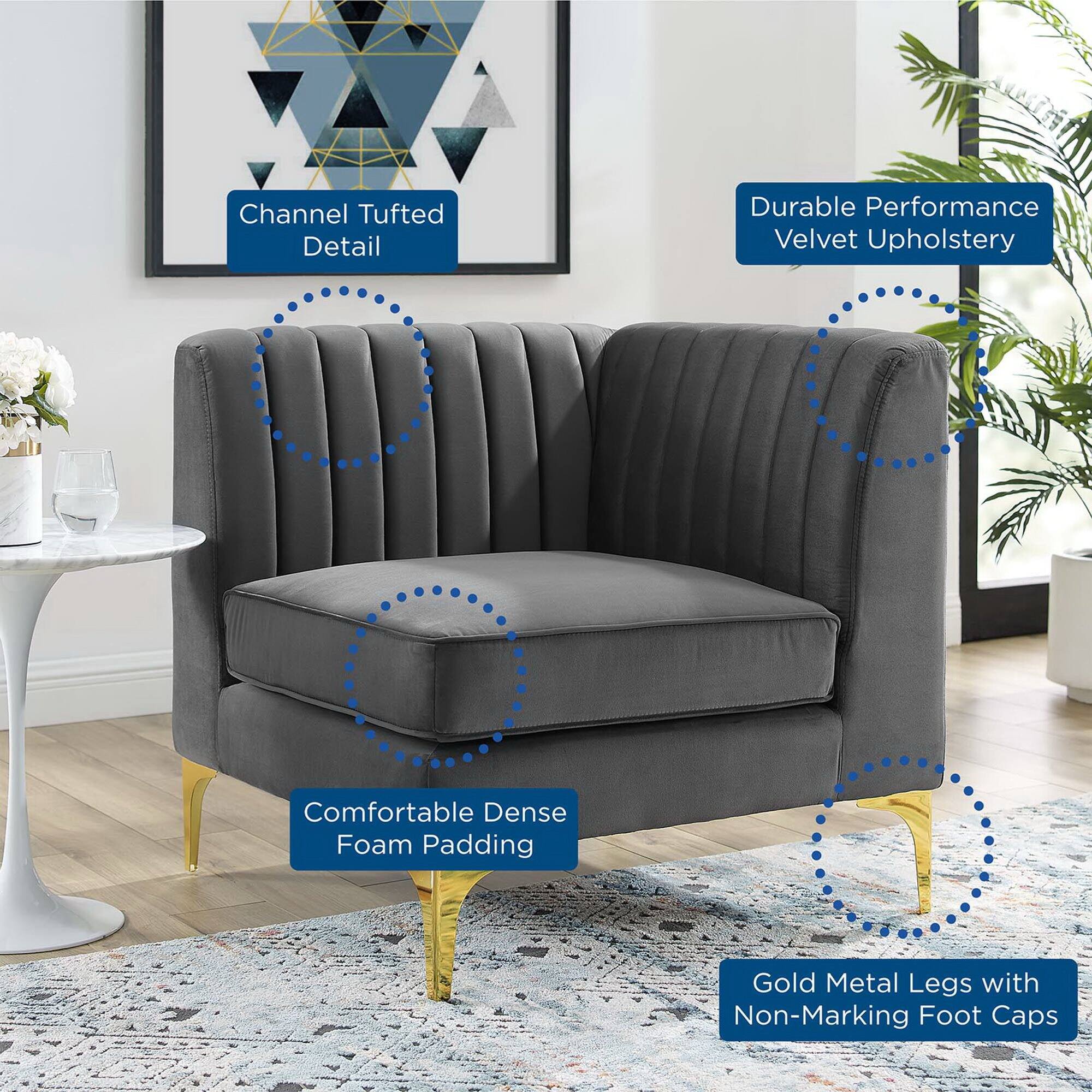 - Channel Tufted Detail
- Durable Performance Velvet Upholstery
- Comfortable Dense Foam Padding
- Gold Metal Legs with Non-Marking Foot Caps