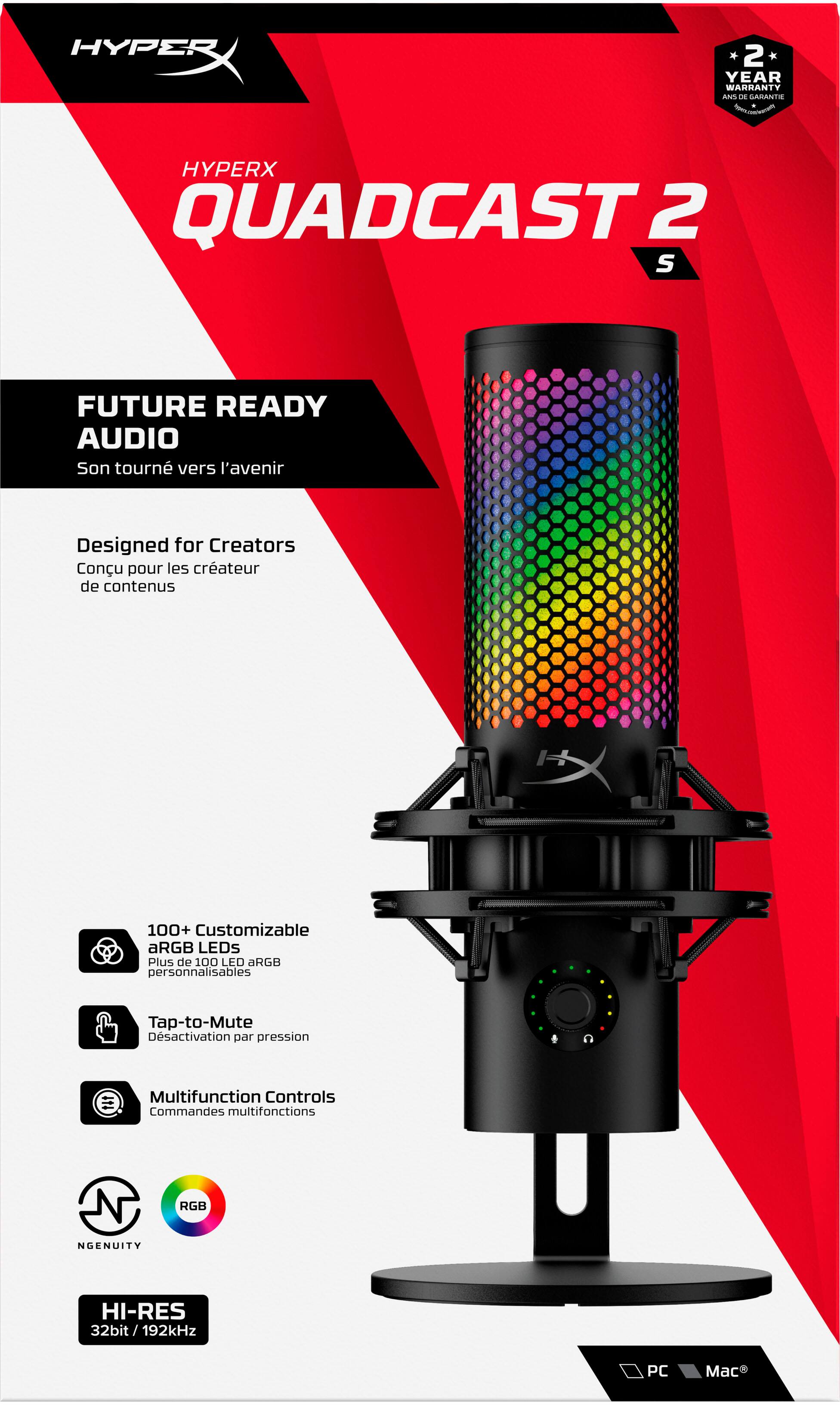 HYPERX QUADCAST 2: FUTURE READY AUDIO Designed for Creators Customizable aRGB LEDs 100+ Tap-to-Mute Disactivation par pression tit Multifunction Controls RGB NGENUITY HI-RES 32bit 192kHz PC Mac
