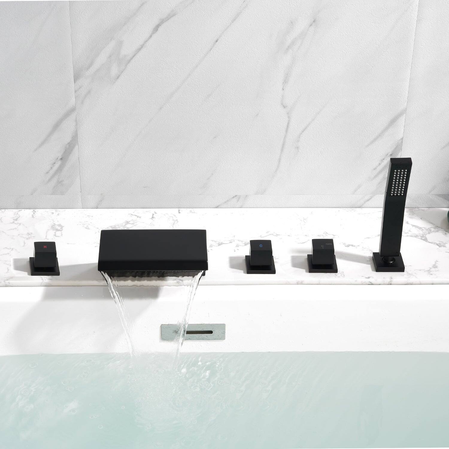 Alt View 9. Boyel Living - Black Polygonal Cold and Hot Water Bathtub Faucet with Handheld Shower Waterfall Outlet Five Hole Installation - Matte Black.
