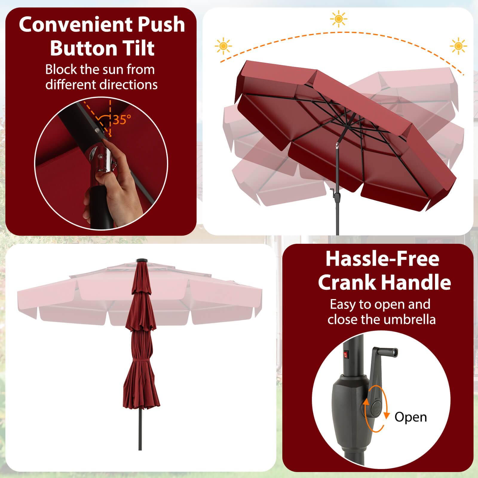 Convenient Push Button Tilt: Block the sun from different directions

Hassle-Free Crank Handle: Easy to open and close the umbrella