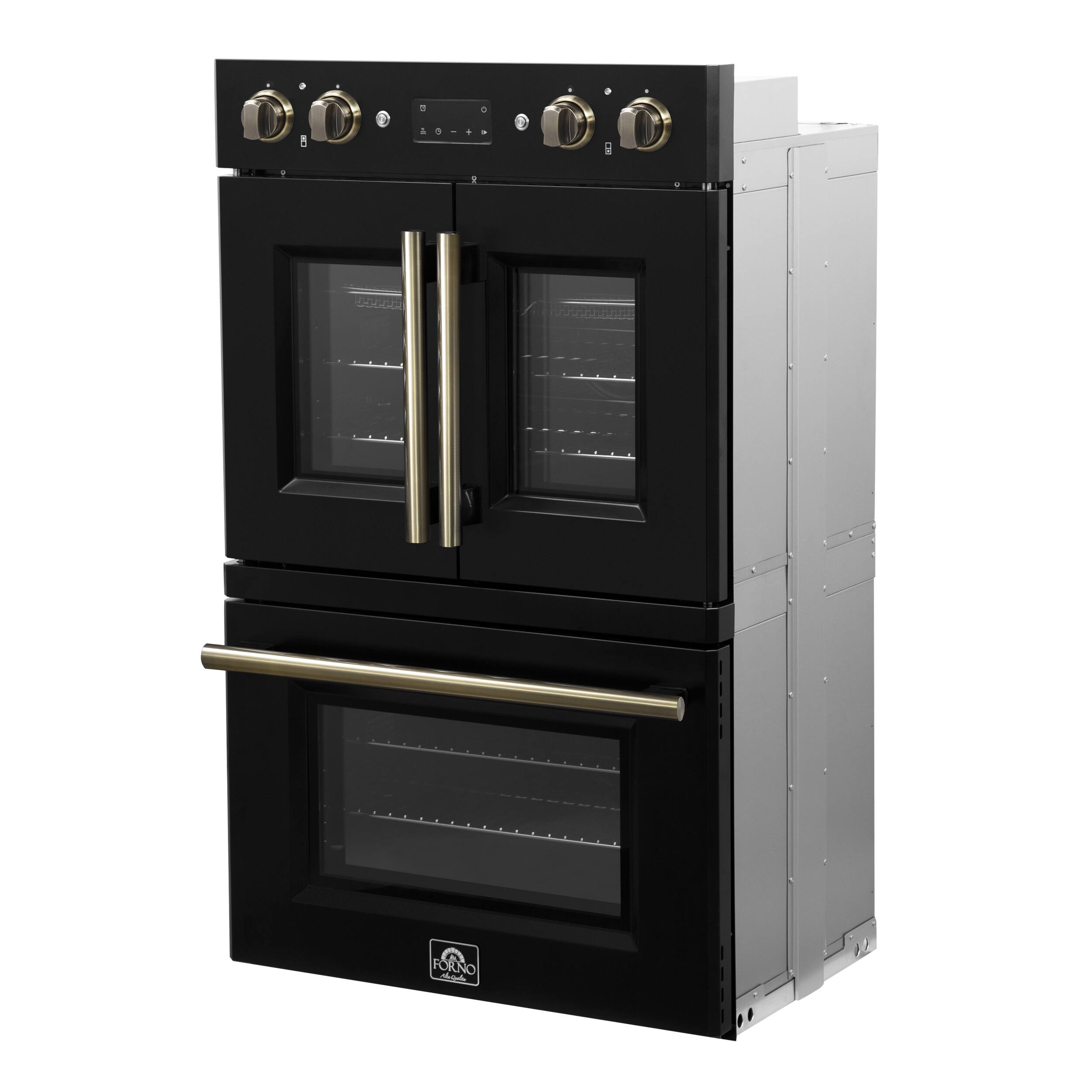 Angle. Forno Appliances - Asti 7.36 Cu. Ft. Electric Double Wall Oven with Upper French Doors and Antique Brass Accents - Black.