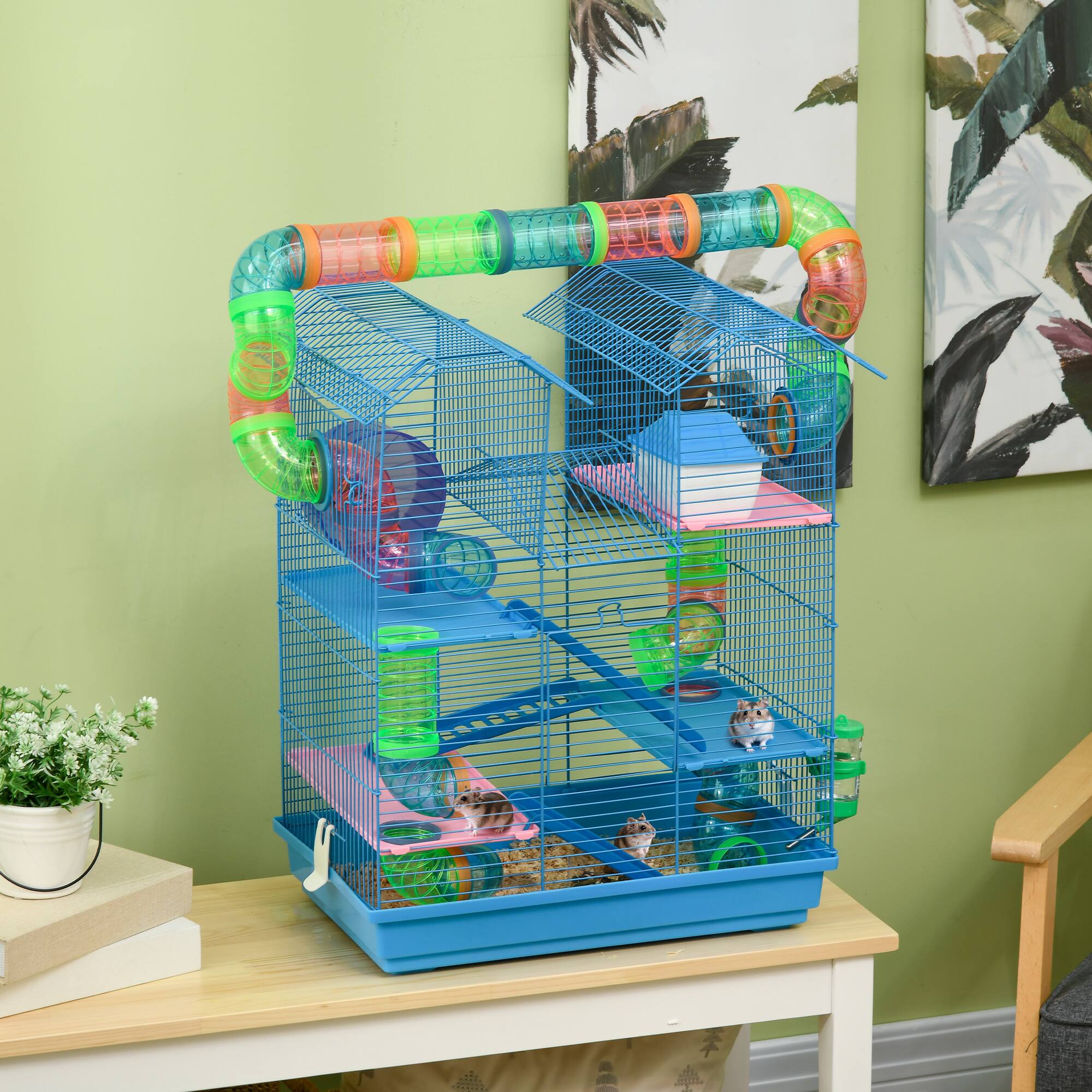 Angle. Pawhut - 18.5" 5 Tier Hamster Cage with Tubes and Tunnels, Small Animal Cage, Water Bottle, Food Dish, Exercise Wheel.