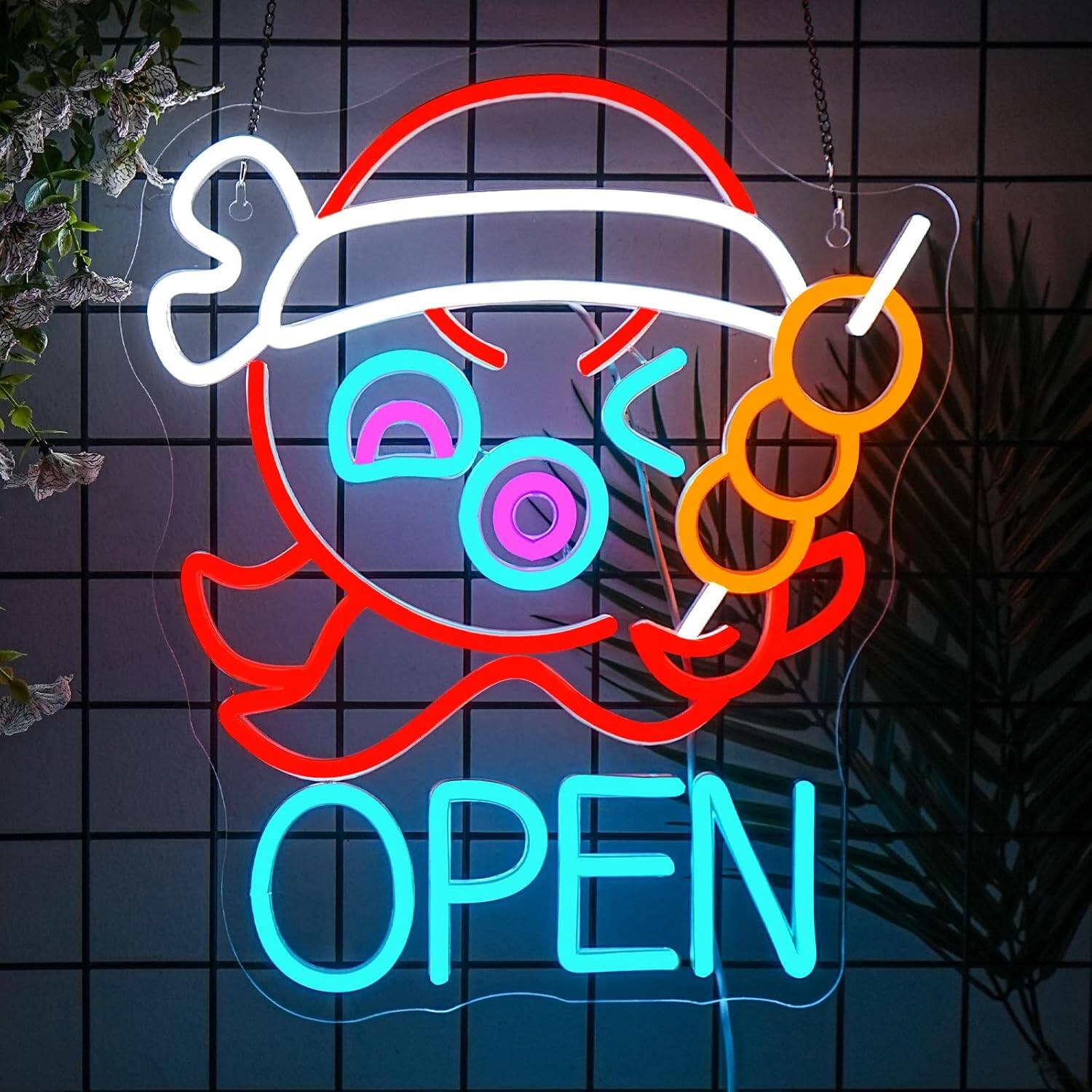 Auledio - Open Neon Sign for Wall Decor, Takoyaki Octopus Ball Neon Light, USB Powered, LED Dimmable - Multicolor