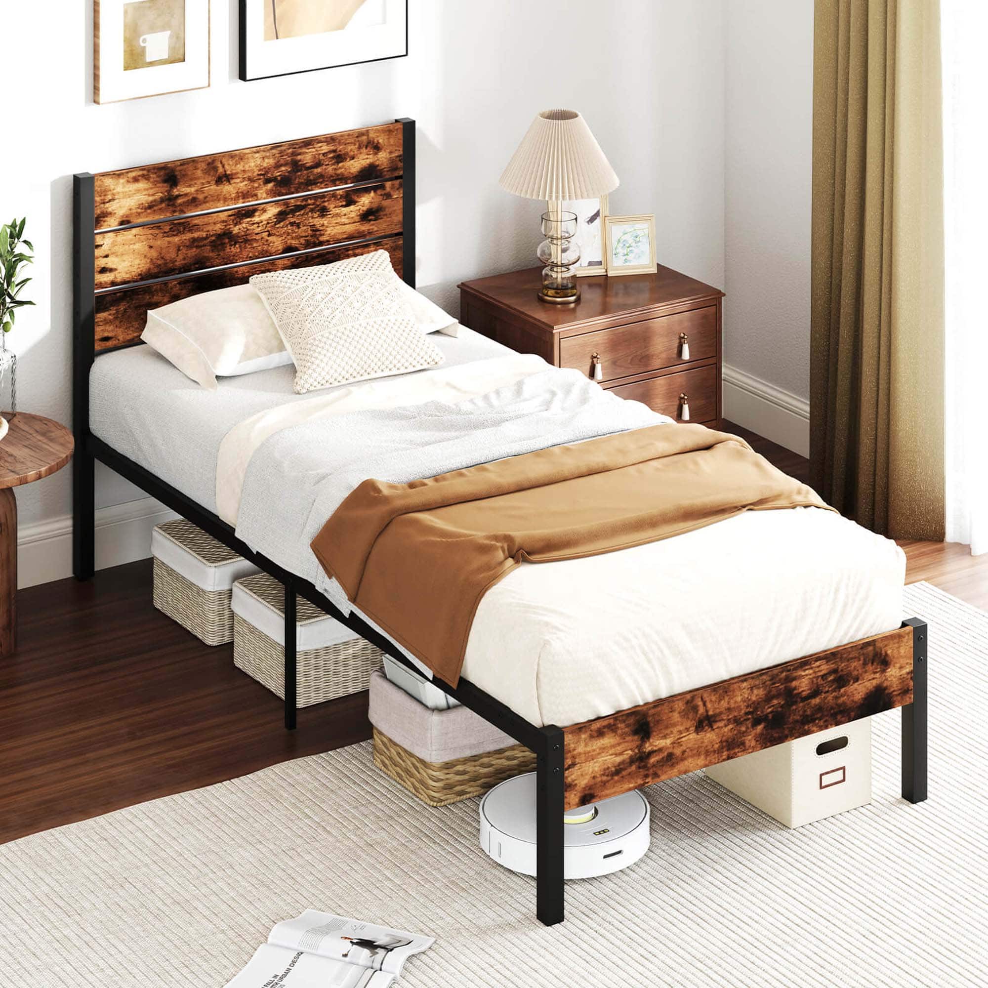 Alt View 2. Costway - Twin Bed Frame with Tall Industrial Headboard Heavy-Duty Metal Slats Support - Brown.