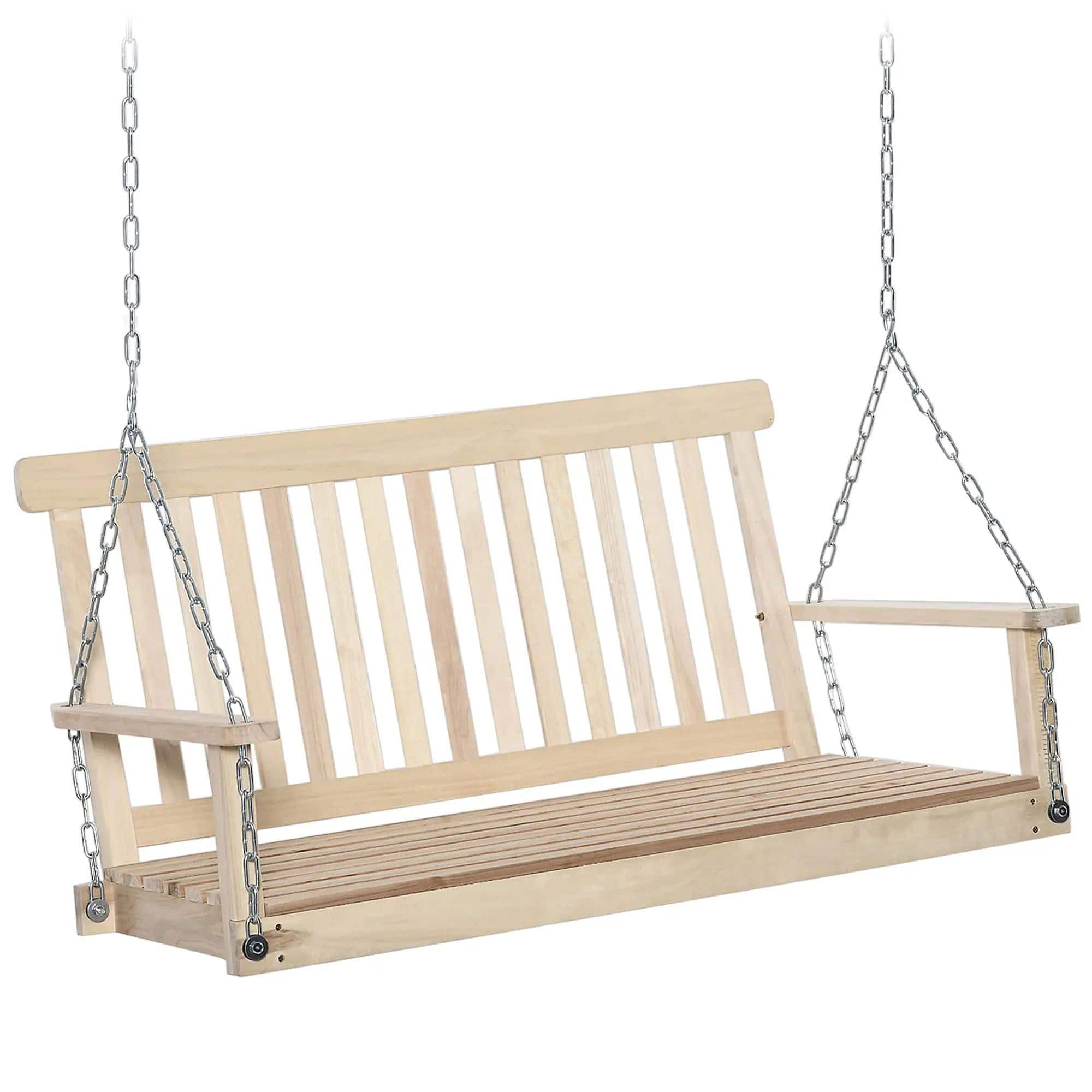 Resenkos - 2-Seater Porch Swing, Outdoor Patio Swing Chair, Slatted Seat, White, Heavy Duty 440lb Capacity, Natural