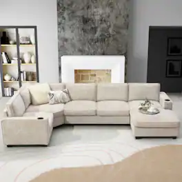 LUCKY ONE - 117.5" U-Shaped 6-Seat Chenille Sectional Sofa w/ Cup Holders Oversized Chaise Lounge - Beige