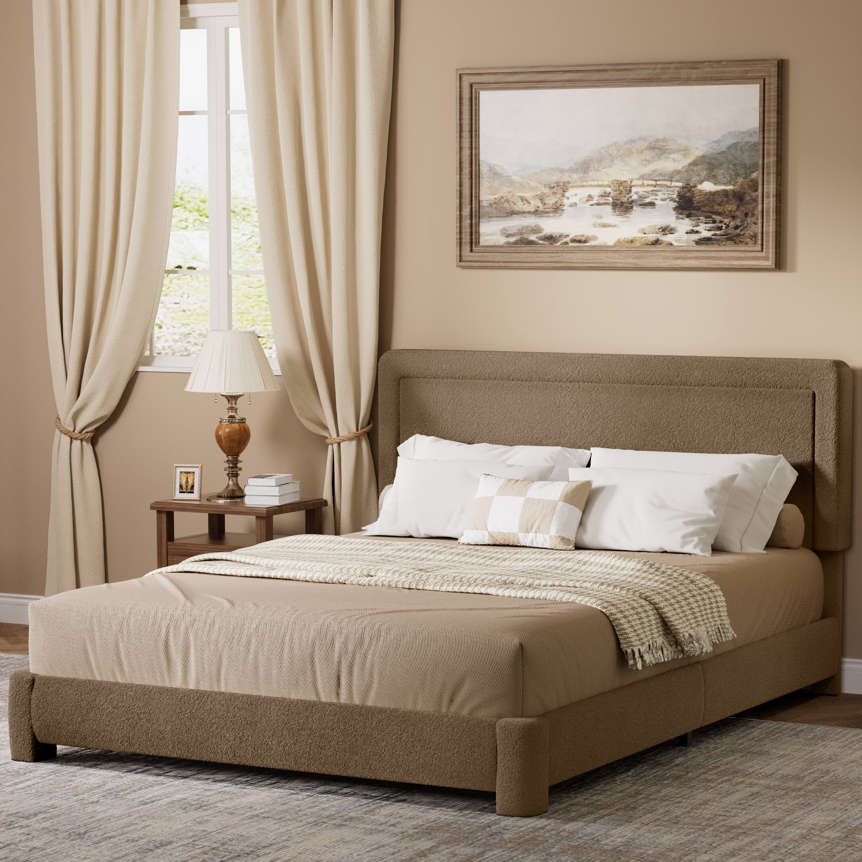 Back. Dyonery - Dyonery Queen size bed frame, modern coffee colored bed frame with adjustable headboard, rounded soft corner design. - Brown.