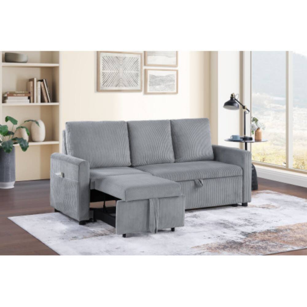 Left. LUCKY ONE - 70" Gray Corduroy Sofa with Pull-Out Chaise, Underseat Storage, Side Pockets, Compact Size for Small Spaces - Gray.