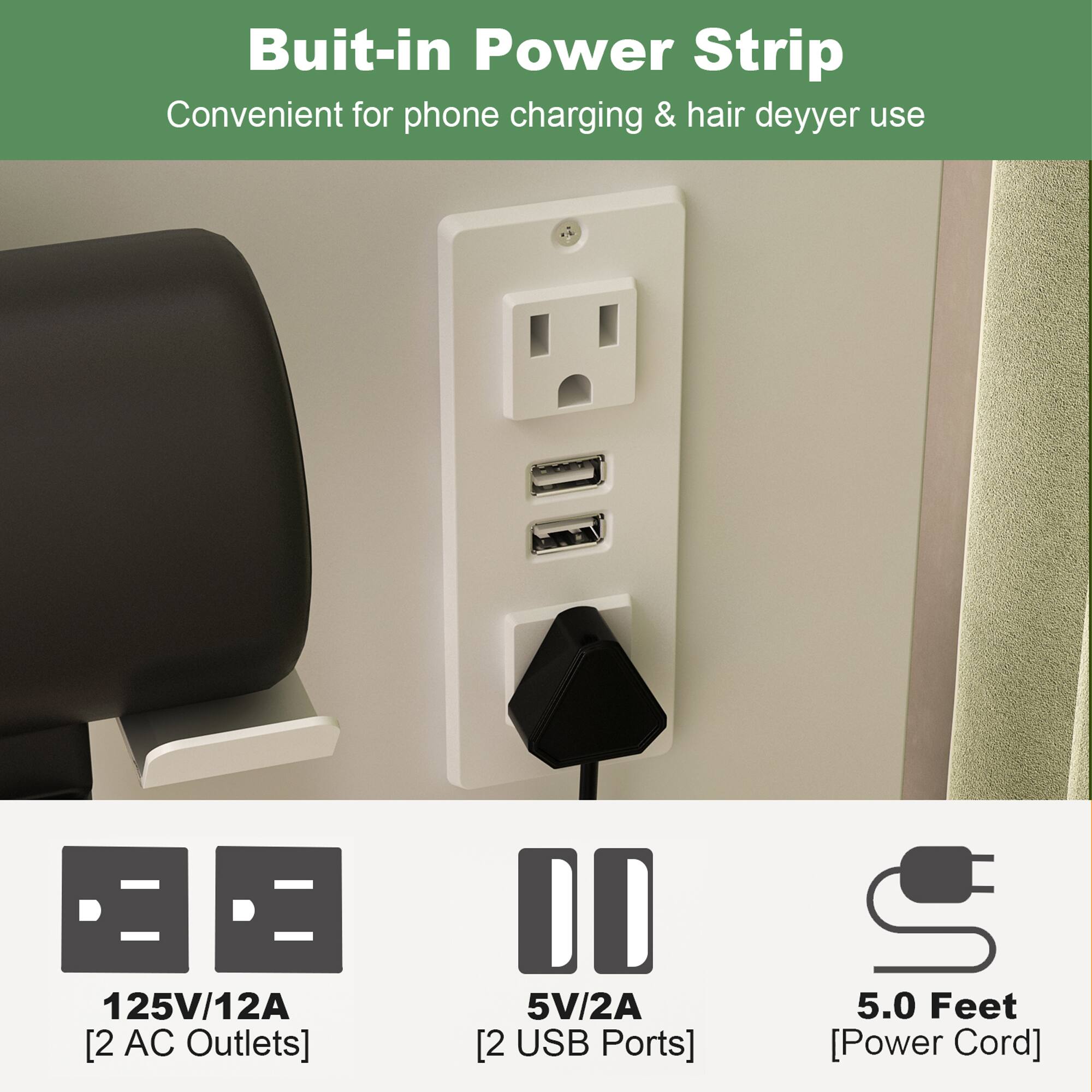 Buit-in Power Strip Convenient for phone charging & hair dryer use 125V/12A [2 AC Outlets] 5V/2A [2 USB Ports] 5.0 Feet [Power Cord]