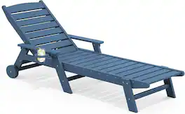 SERWALL - HDPE Outdoor Lounge Chair with Rolling Wheels & Cup Holder for Pool - Blue