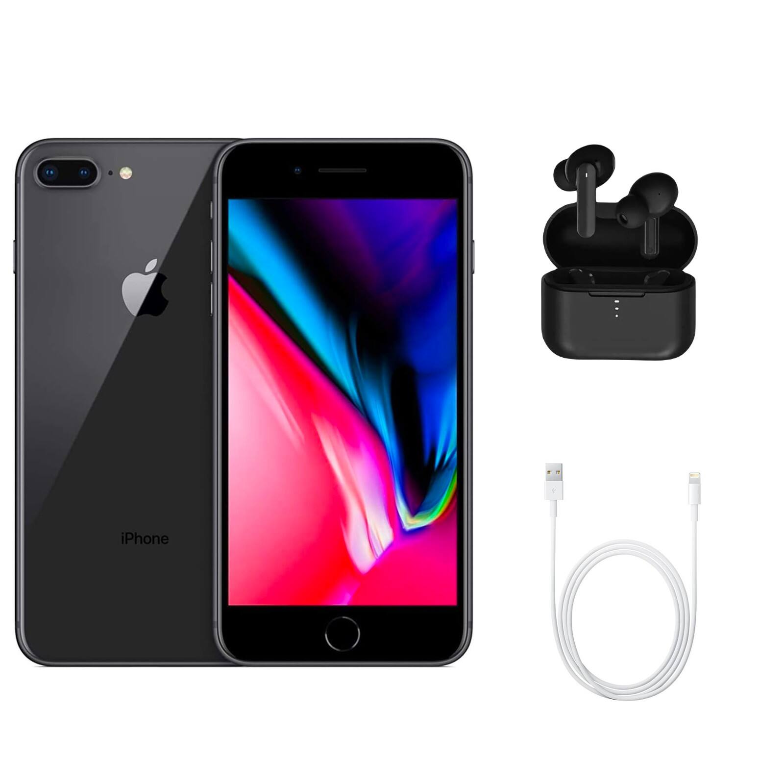 Front. Apple - iPhone 8 Plus A1864 (Fully Unlocked) 64GB w/ Wireless Earbuds - Space Gray.