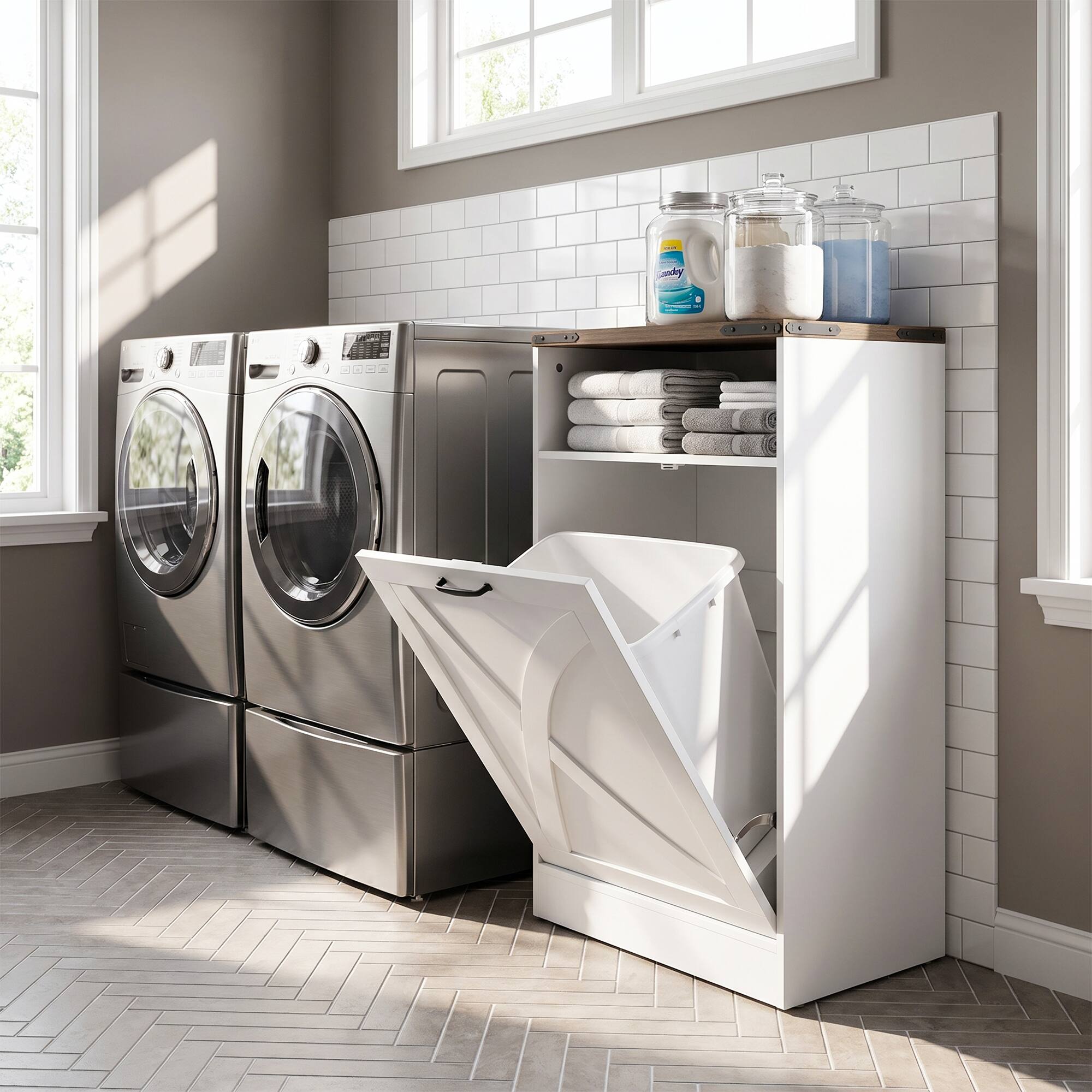 Left. Ihomeadore - 37.8" H Farmhouse White Tilt-Out Trash Cabinet,Hidden Trash Can Cabinet for Kitchen and Dining Room - White.