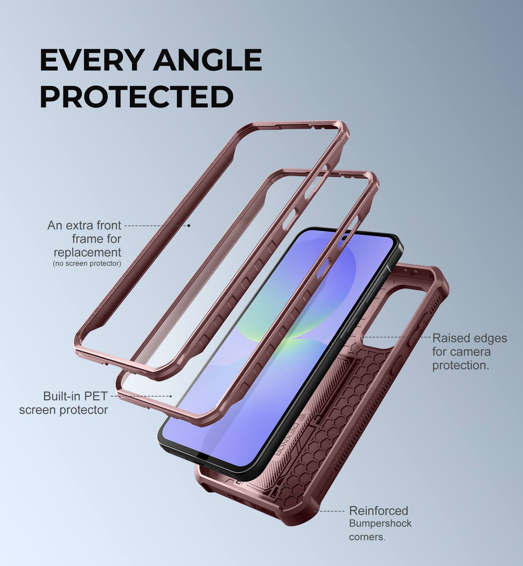 EVERY ANGLE PROTECTED

An extra front frame for replacement (no screen protector)
Built-in PET screen protector
Raised edges for camera protection.
Reinforced Bumpershock corners.