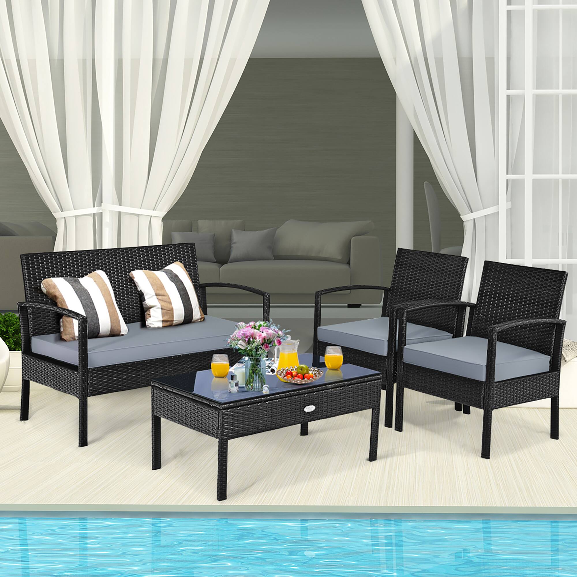 Alt View 4. Costway - Costway 4PCS Patio Rattan Furniture Set Garden Deck - Black.